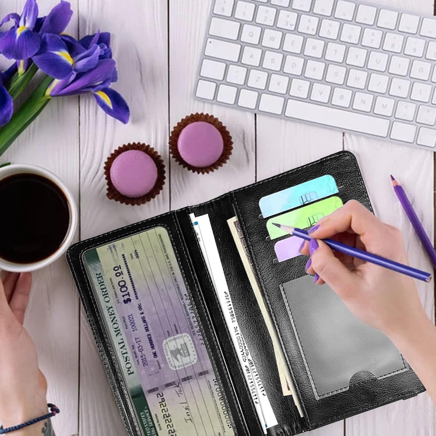 Checkbook Cover,Leather Standard Register Checkbook Case with RFID Blocking - Check Book Cover Wallet for Women Duplicate Check Card Pen Holder,US American Flag - Image 5