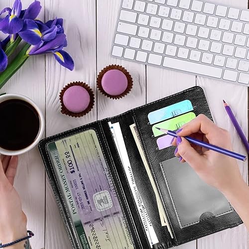 Miniatura 5 de Funda para chequera para hombres y mujeres, de piel sintética, tarjetero con bloqueo RFID, registro estándar duplicado, grabado en relieve en ambos