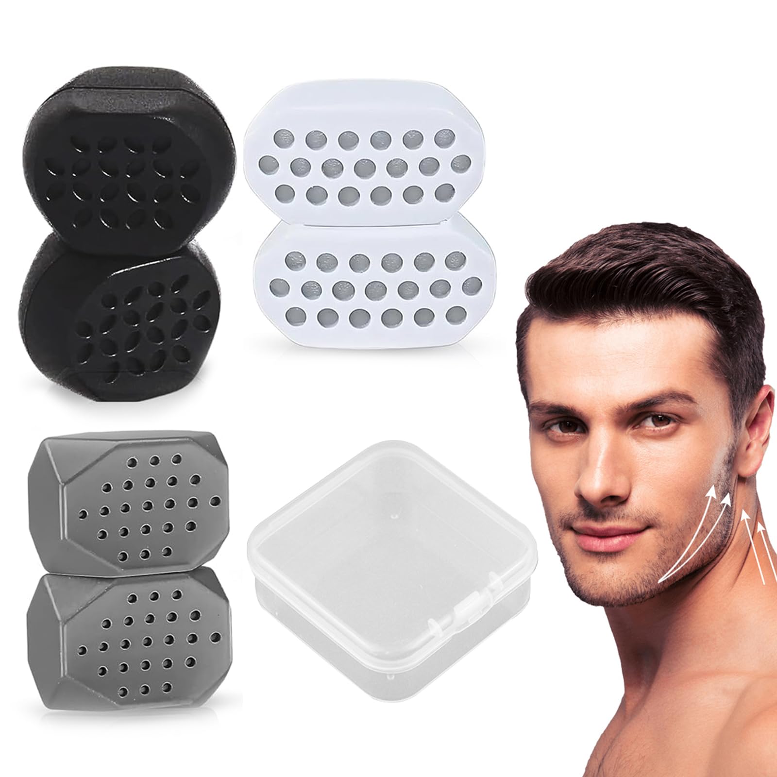 Ejercitador de mandíbula, kit de entrenamiento de mandíbula mejorado de 6 piezas con caja, 3 estilos de silicona para ejercitar, herramienta de entrenamiento de masticación, fortalecedor