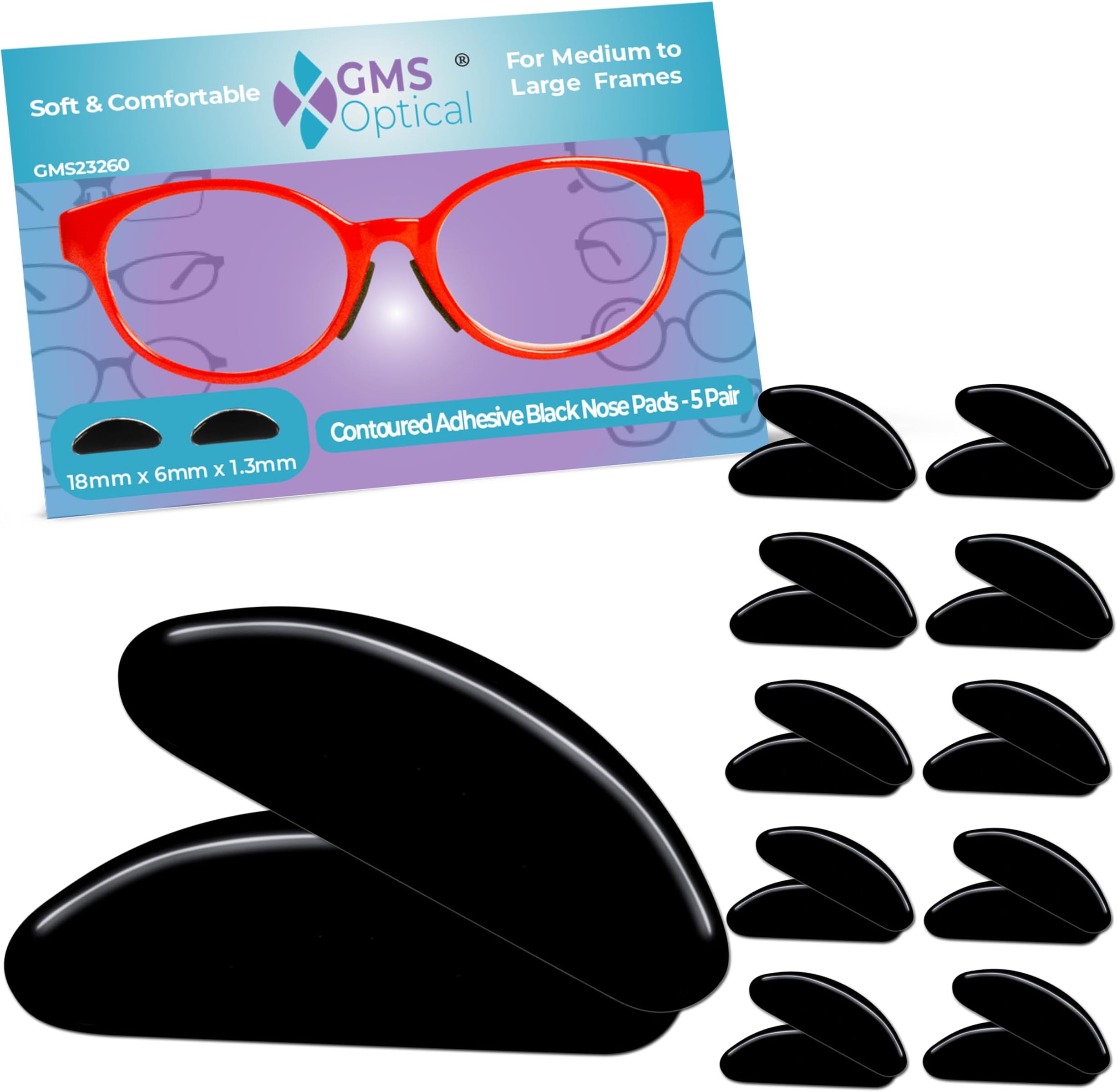 GMS Optical Adhesive Silicone Nose Pads for Glasses |1.3mm Ultra-Thin, 18mm Large | Non Slip Glasses Grips for, Sunglasses and Eyewear w/Super Sticky Backing, Eyeglass Accessories (10 Pairs, Black)