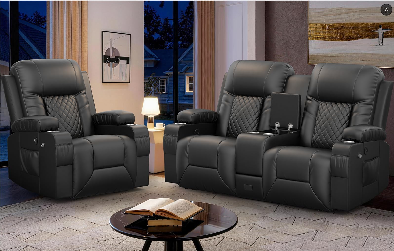 Recliner Sofa Set, Loveseat Recliner Couch and Recliner Chair with Heat & Massage, Home Theater Seating with Console, Drawer, USB Ports & Phone Holders, Reclining Loveseat for Movie Theater