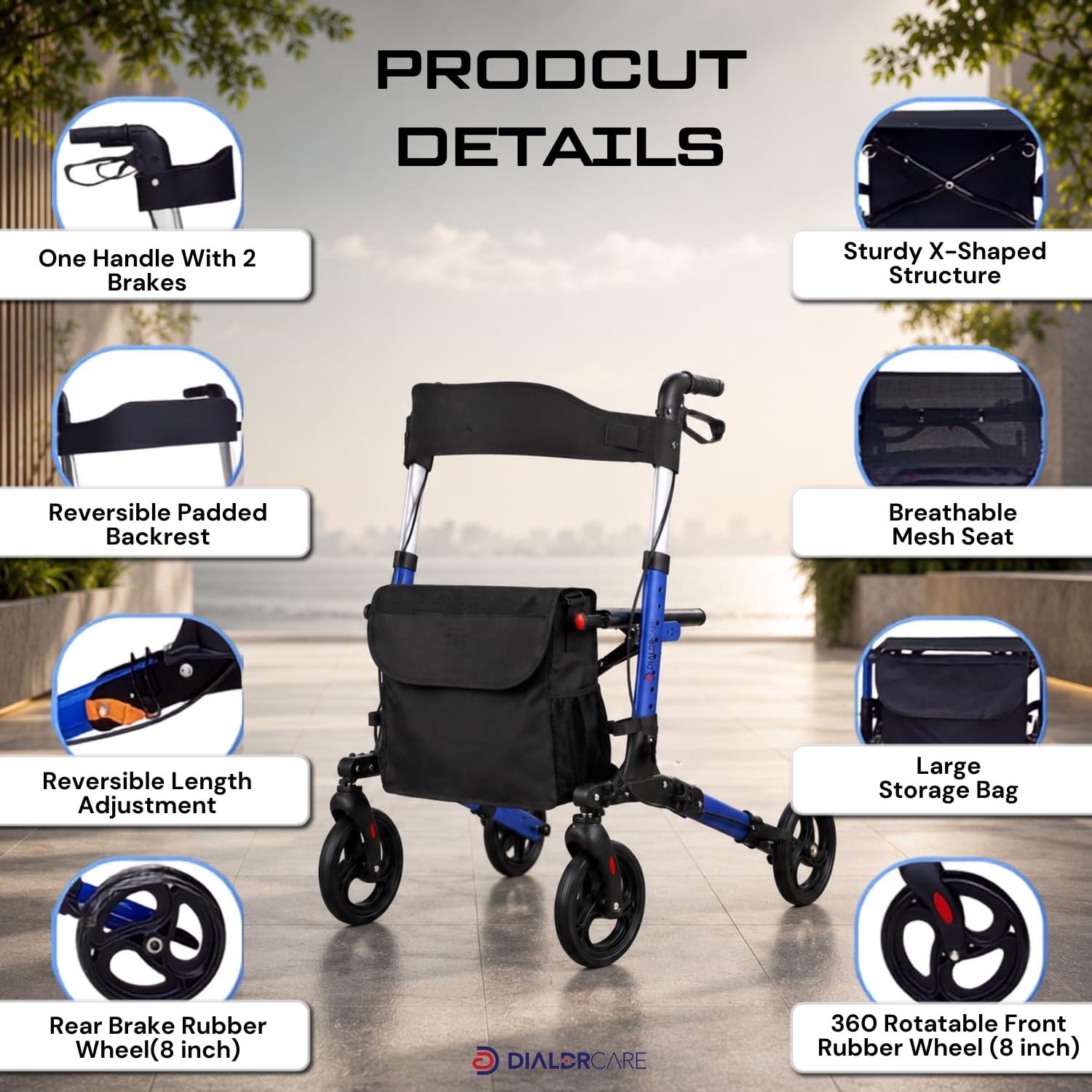 DIALDRCARE Aluminium 4 wheel Ultra Folding Rollator Walker with Carry Bag MedicalTransport Chair Suitable for the Elderly Seniors 1