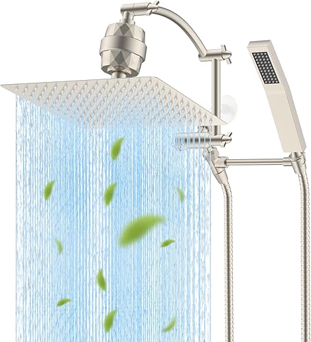 Hibbent Cabezal de ducha de metal filtrado de 12 pulgadas con combo de mano, varita de ducha de alta presión, brazo de extensión de arco ajustable