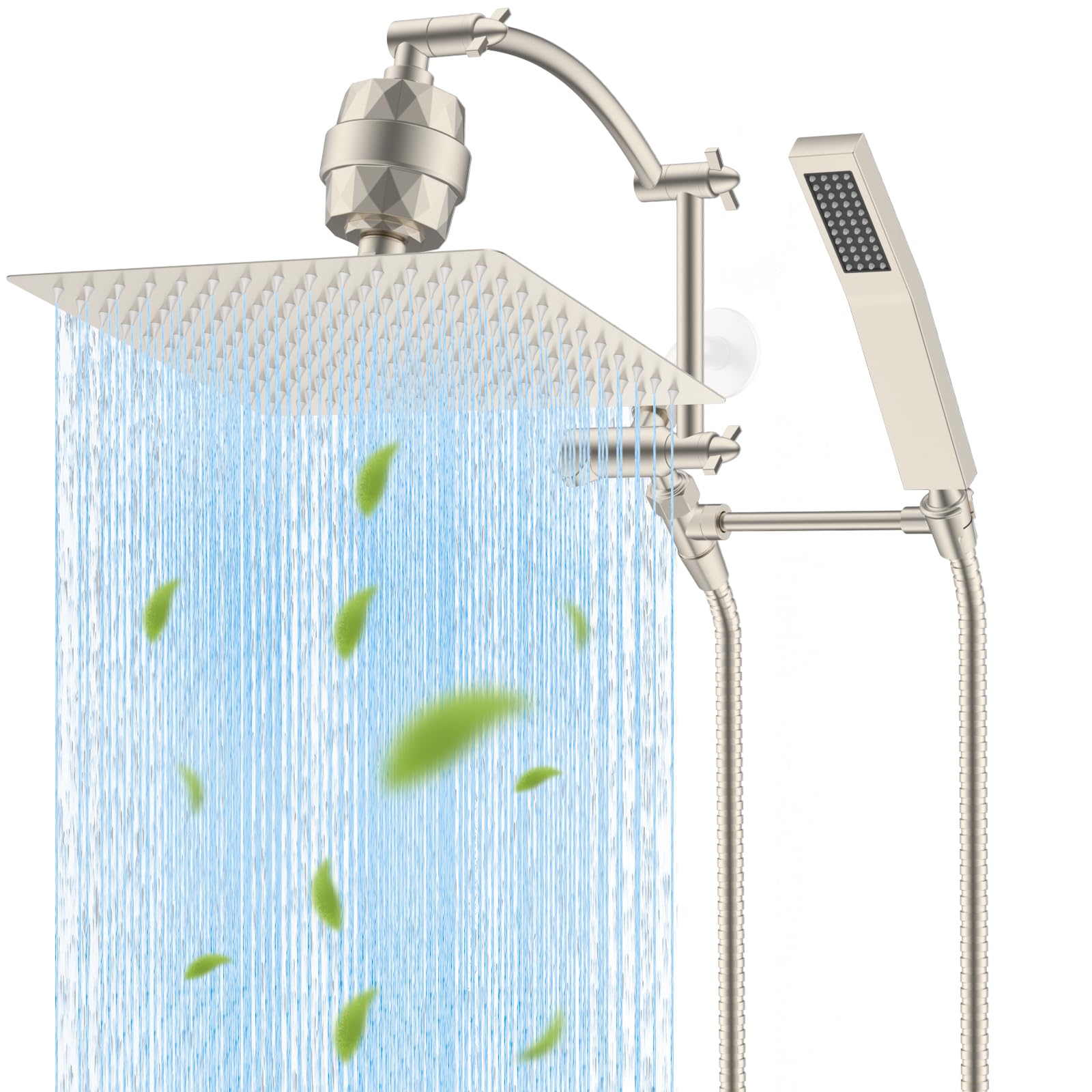 Hibbent All Metal 12'' Filtered Rainfall Shower Head with Handheld Combo, High Pressure Shower Wand, 16'' Adjustable Extension Arm, 20 Stage Shower Filter, 71'' Hose, 2 Shower Holders, Brushed Nickel