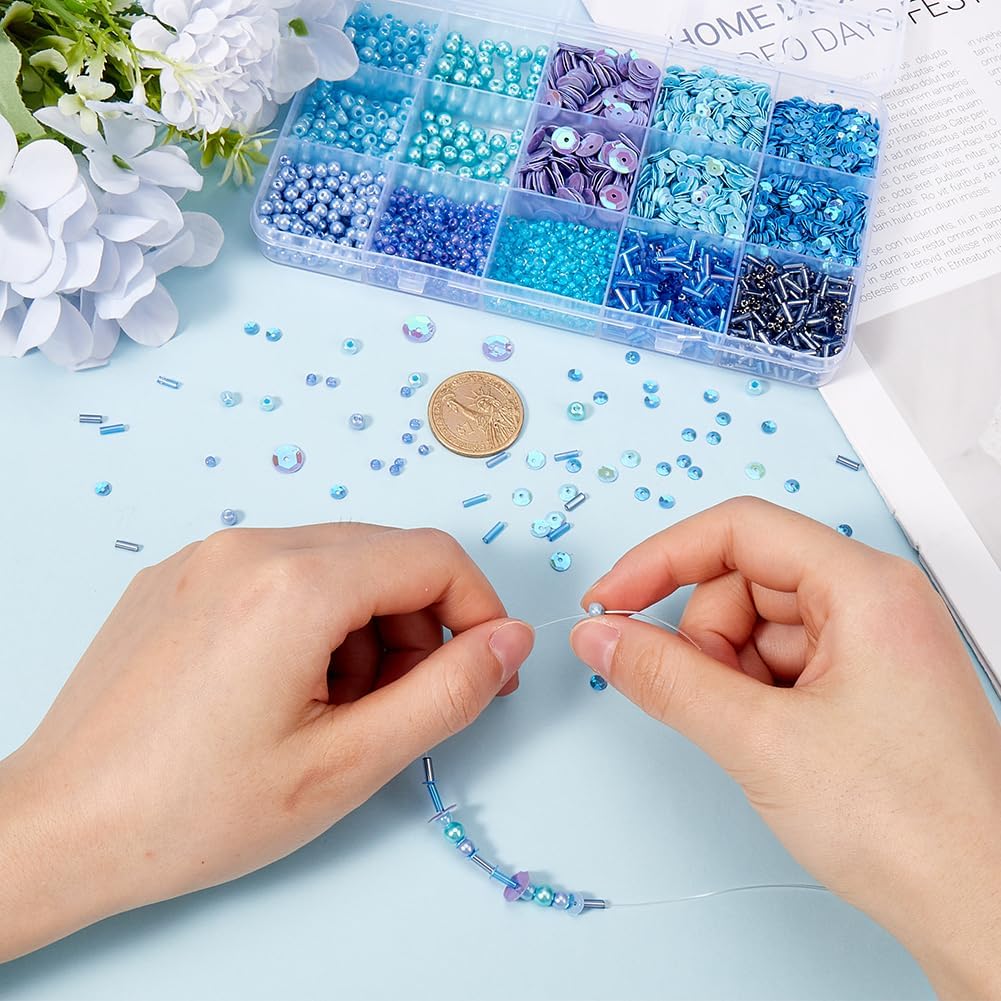 SUNNYCLUE Bead and Sequin Kit Glass Pearls Blue Seed Bead Plastic Paillette Glass Bugle Loose Spacers for Jewelry Making Necklace Bracelet Earrings Beading Craft DIY Supplies - Image 3