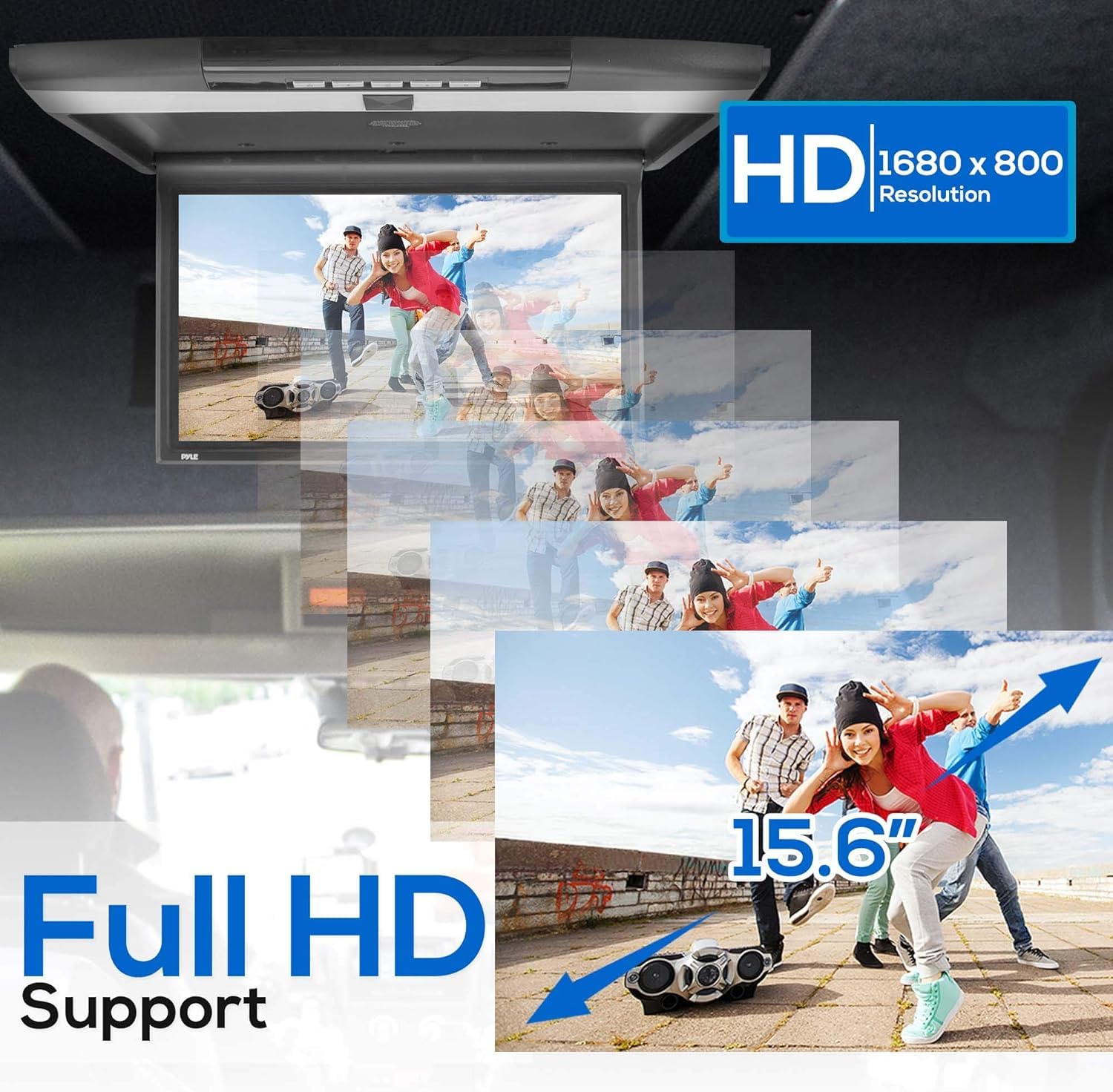 Pyle Schermo per Auto 39,6 cm, Monitor Ribaltabile, Monitor Auto Alta Risoluzione 1680 x 800 Widescreen, IR/FM, USB/SD, HDMI, AV, Altoparlante Stereo, Montaggio Tetto Auto