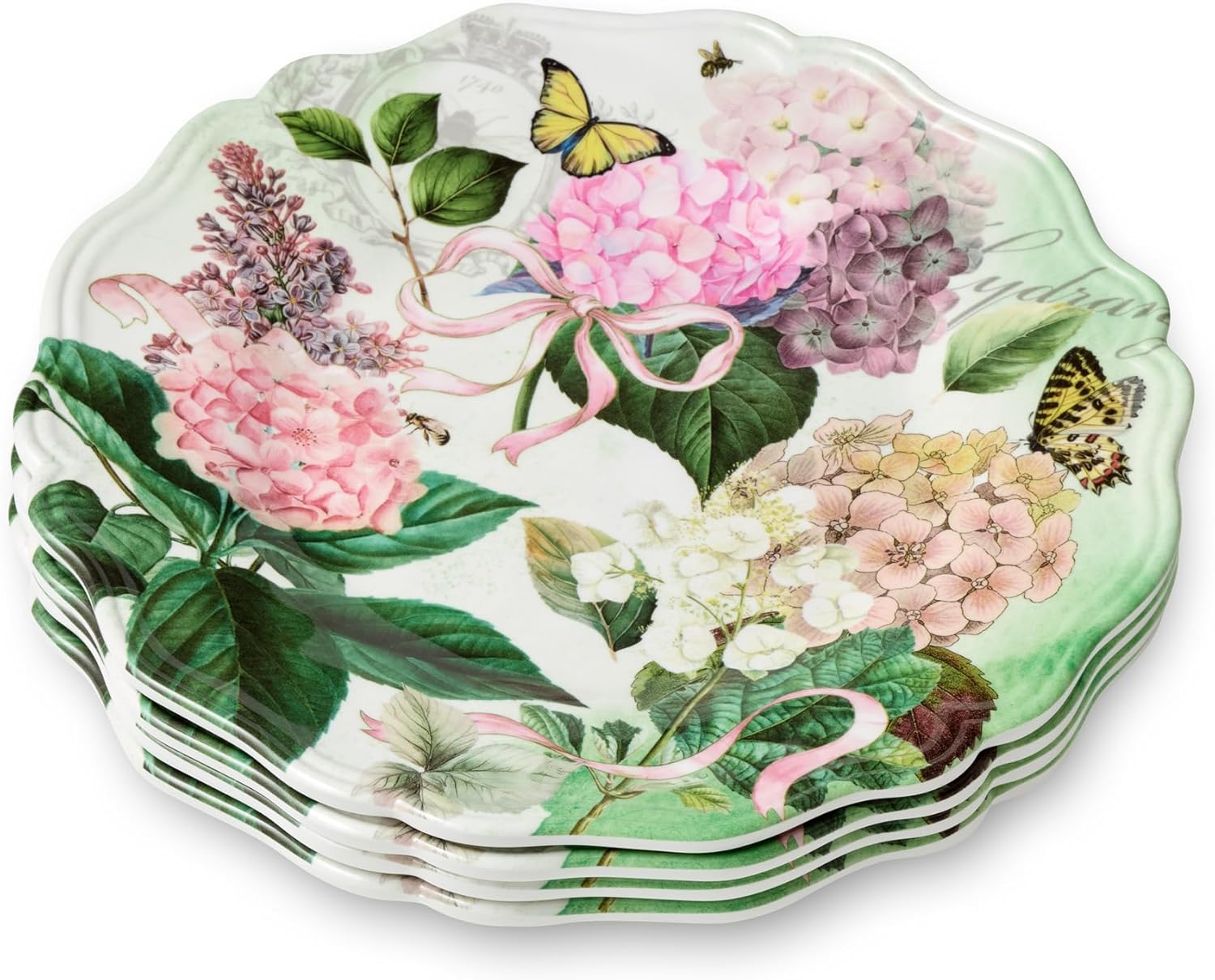 Garden Path Melamine Salad Plates Set of 4, 9-Inch - Durable and Lightweight with Pink, Purple, and White Hydrangea Design, Ideal for Outdoor and Indoor Dining. BPA free.