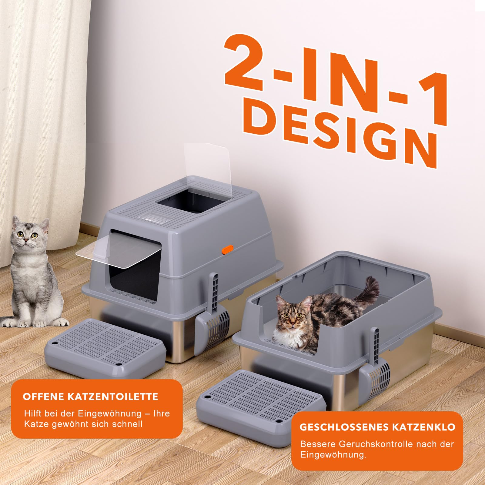XXXL Katzenklo Edelstahl mit Deckel 70x50x45 cm 90 L extra groß Katzentoilette Edelstahl für große Katzen & Mehrkatzenhaushalte, geschlossenes/Offen, leicht zu reinigen, Anti-Leck, mit Pedal