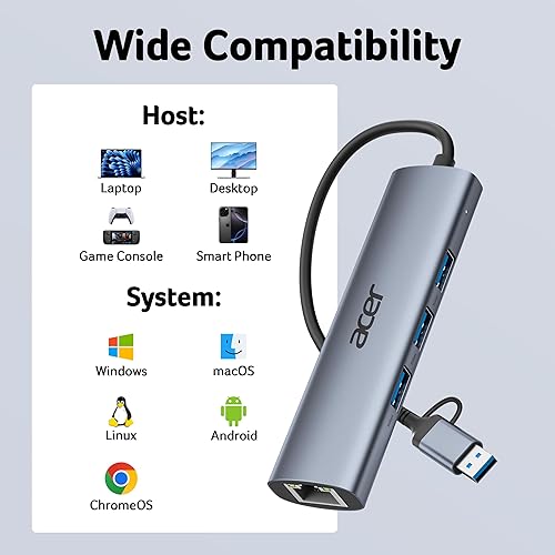 Miniatura 7 de Acer Adaptador USB a Ethernet, Hub USBC Ethernet 1Gbps con 3*USB 3.0, Disipación de Calor de Aluminio, Sin Necesidad de Controlador, Adaptador USB a