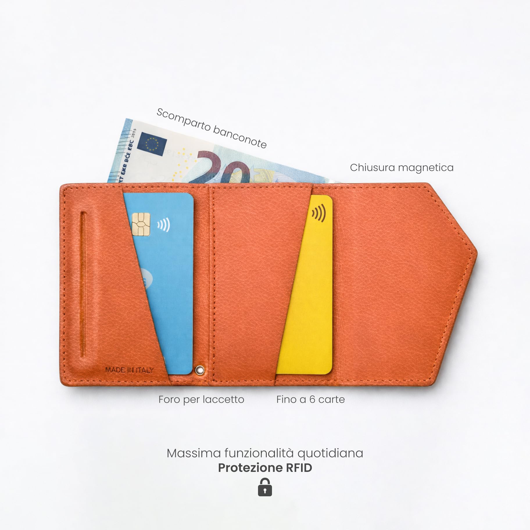 Etres Magnetyczny portfel z włoskiej skóry - Rzym - do 6 kart + kieszeń na banknoty - Kompatybilność z MagSafe, ochrona RFID, pierścień magnetyczny w zestawie, Pomarańczowe, Subtelny, Nowoczesny