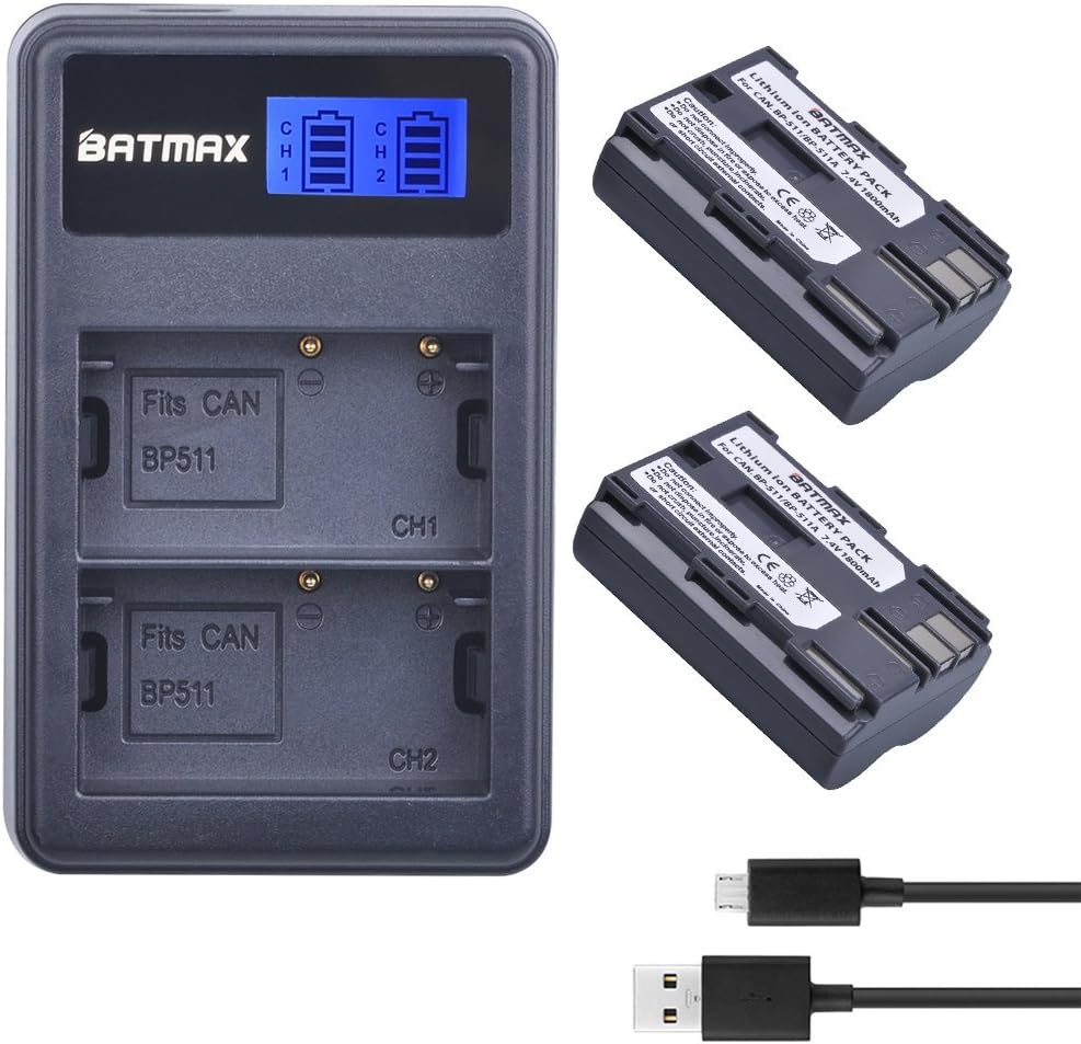 2Packs BP-511A BP-511 BP 511 511A Battery + LCD Dual USB Charger for Canon EOS 5D, 10D, 20D, 30D, 40D, 50D, Digital Rebel 1D, D60, 300D, D30, Kiss Powershot G5 Cameras