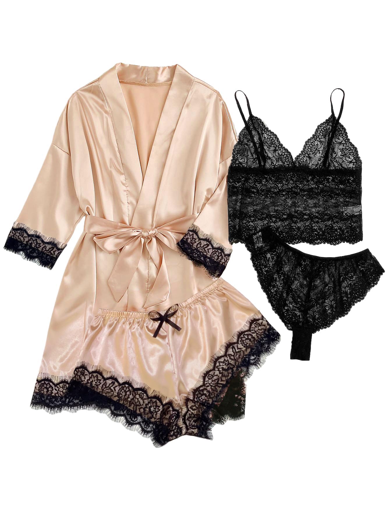 WDIRARA Women's Silk Satin 4pcs Pajamas Set Sleepwear with Robe