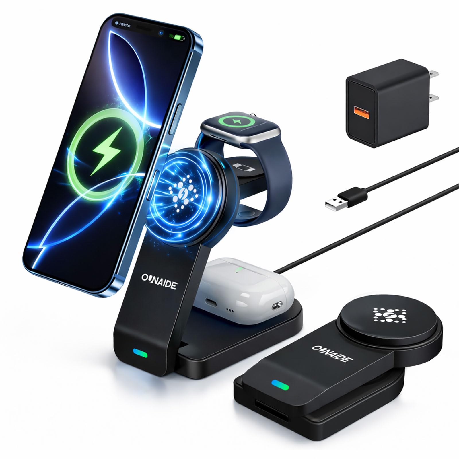 3 in 1 Charging Station for Apple MagSafe Charger, Foldable Wireless Charging Station Magnetic Wireless Charger Stand for iPhone 17 Air/16/15/14/13/12