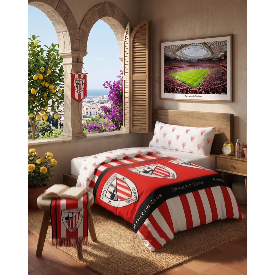 Juego de Sábanas Athletic Club de Bilbao – Set de Cama 2 Piezas (Funda Nórdica + Fundas de Almohada) para Cama de 90 cm, Diseño Deportivo, Blanco y Rojo(90cm,Athletic Club)