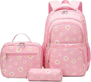 ZHIERNA School Backpack 3PCs Daisy Prints Set With Lunch Bag, Bookbags with Pen Case For Teen Girls Kindergarten Elementaryï¼ˆPinkï¼‰
