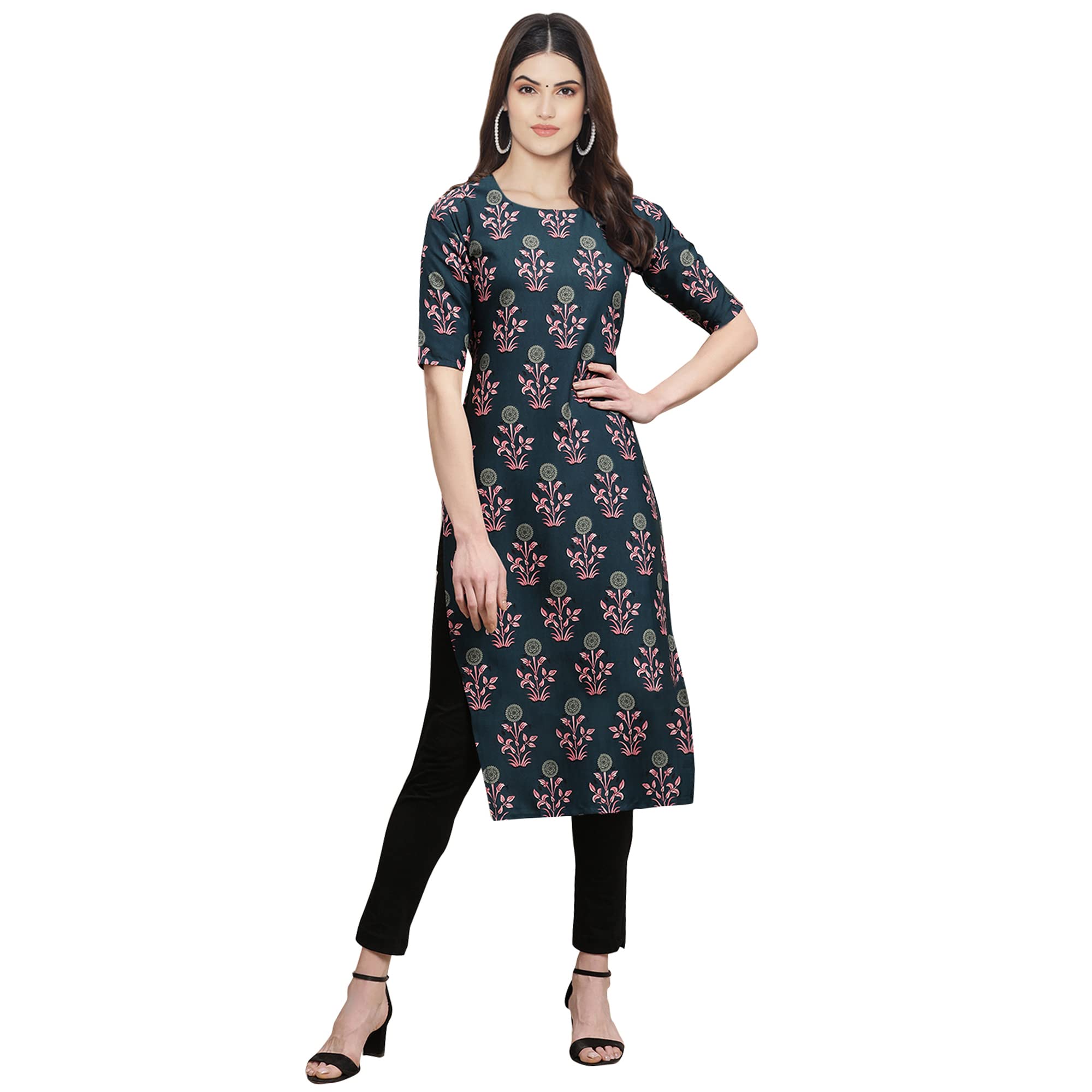 Pinkmint Women's Crepe Teal Color Floral Printed Straight Kurti (530335-M)