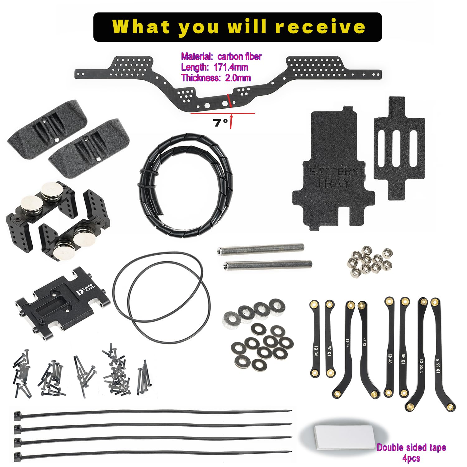 RampCrab Kit telaio in fibra di carbonio per SCX24, slitta angolare 7°, kit telaio LCG per SCX24 C10, JLU, Bronco, parte di aggiornamento