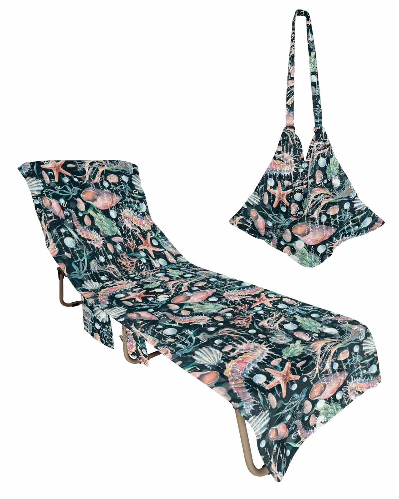 Nautical Beach Chair Towel Covers for Chaise Lounge With Side Pocket, Soft Plush Pool Towels Cover for Patio Sunbathing Outdoor Retro Coastal Starfish Seaweed Shells Summer 29''x85''