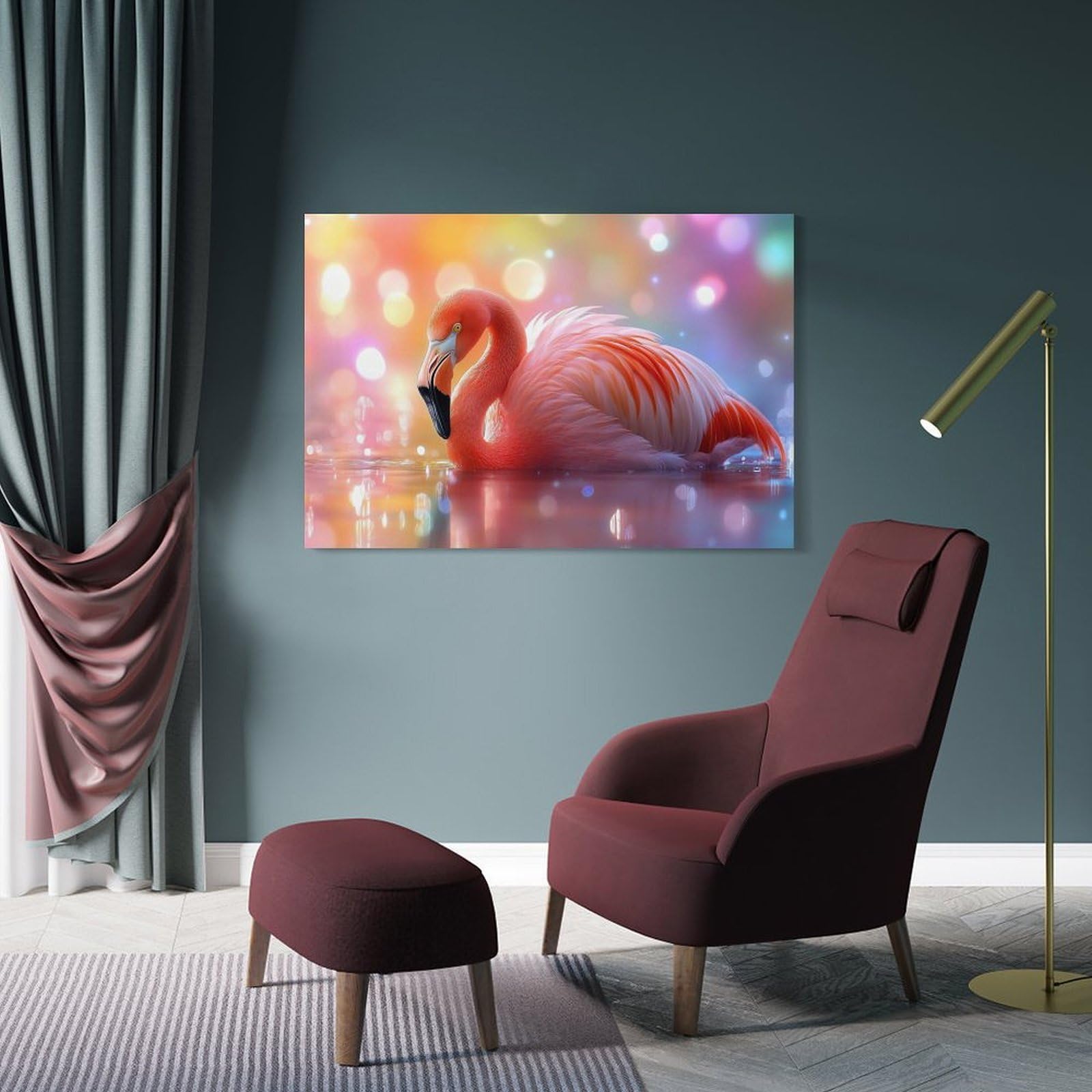 Junmoney Frame-Style-12 Hanging Wall Art Flamingo In Water With Bokeh Lights, 24X36inch(60X90cm), For Sofa Walls, Lounge Or Home Corners, Canvas Styling For A Polished Room Look
