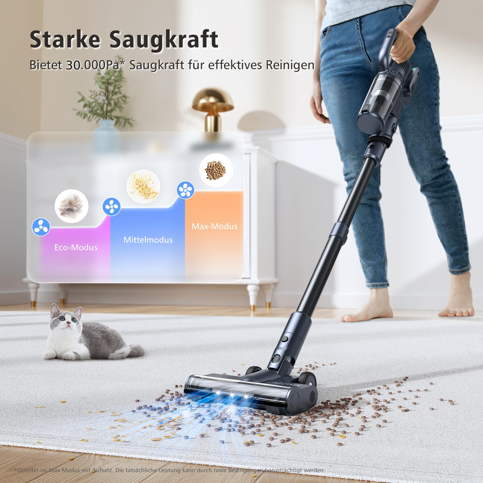 MIUZZY Aspirapolvere Senza Fili 6-in-1, 30.000Pa di Potente Aspirazione, Autonomia di 45 Min, Design Autoportante, Ciclonico, Scopa Elettrica Leggera e Versatile per Pavimenti, Tappeti e Auto