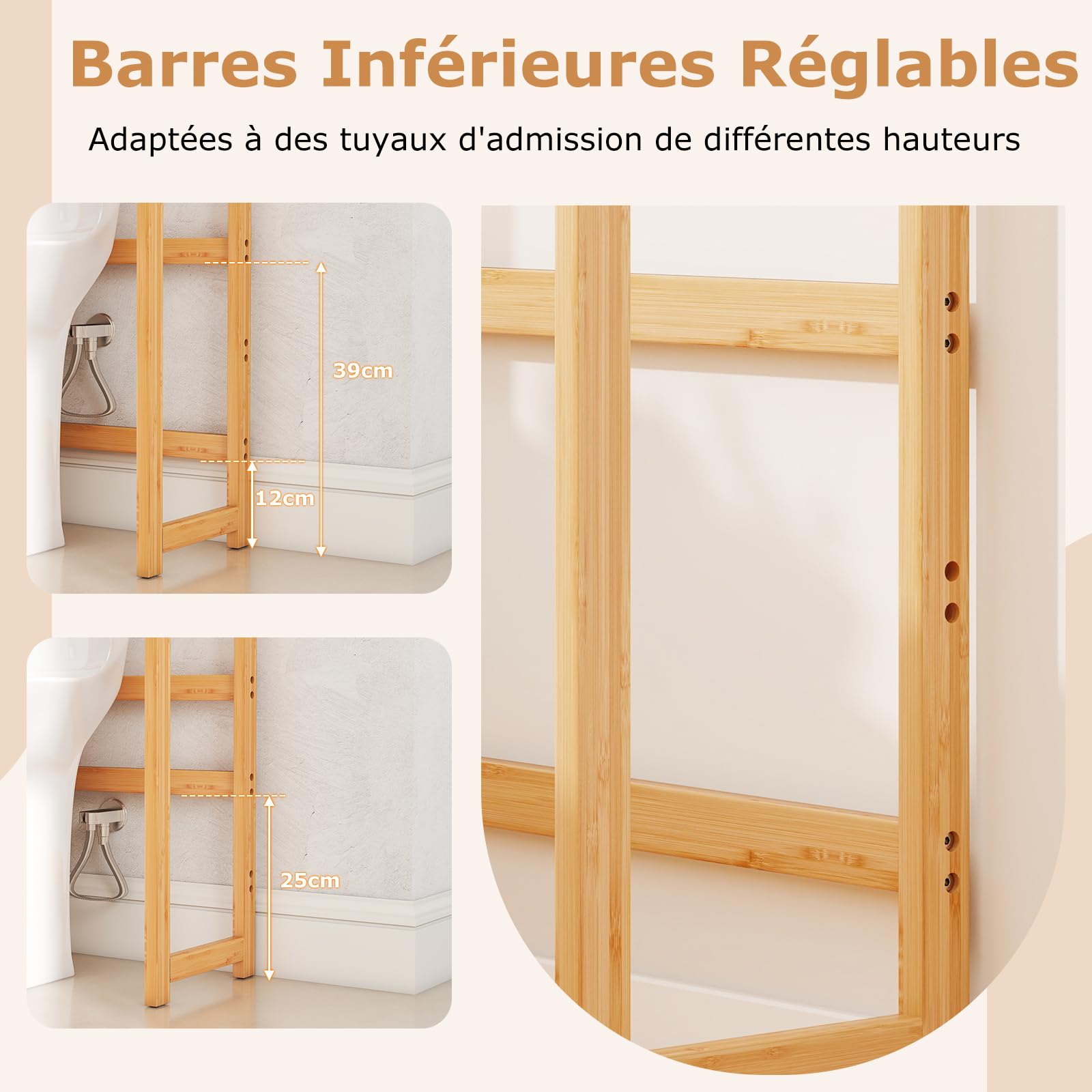 GOPLUS Meuble WC au-Dessus des Toilettes en Bambou, Étagère Toilette à 3 Niveaux avec 3 Crochets et Barres Réglable, Meuble Salle de Bain et Buanderie, 71,5 x 25 x 166 cm (Naturel)