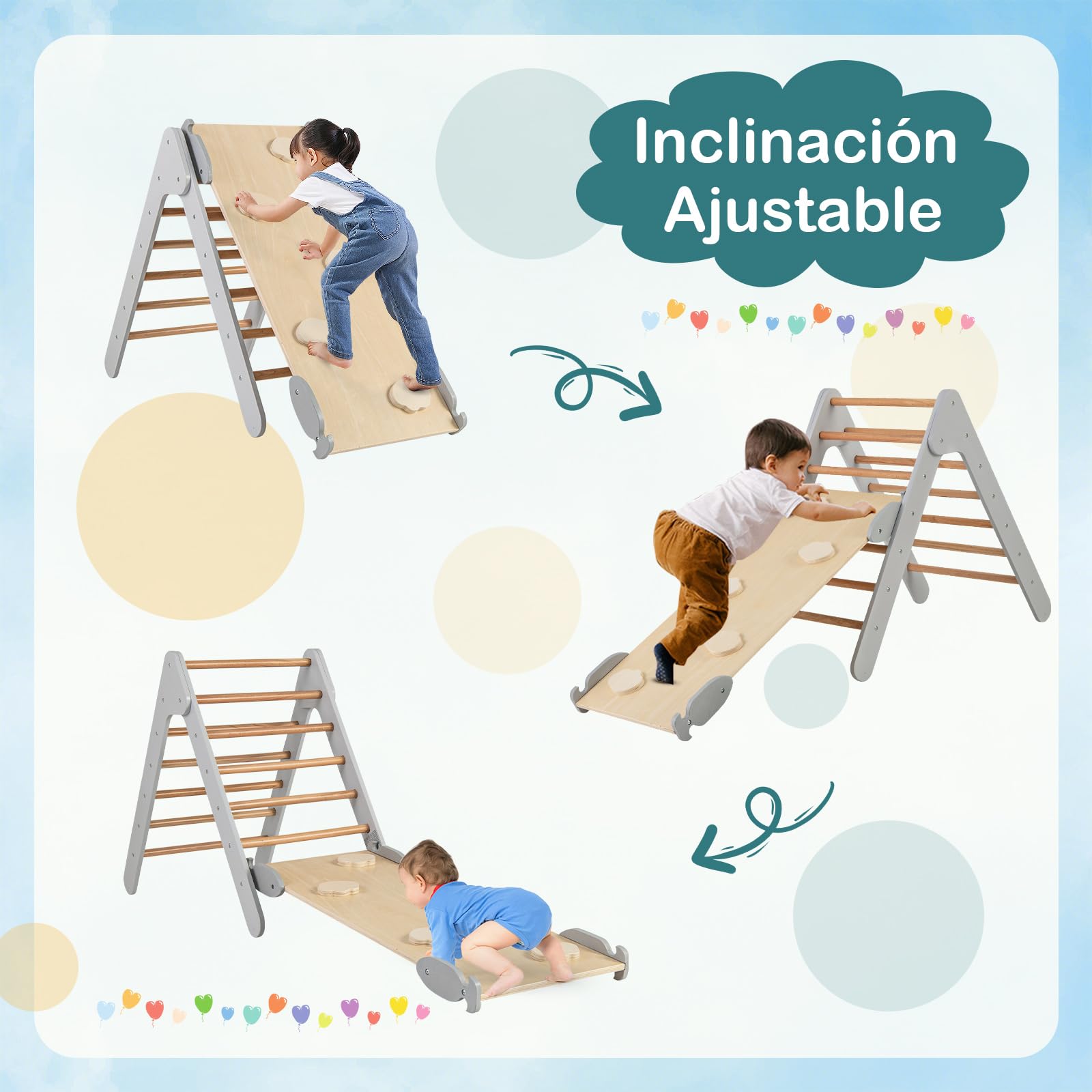 COSTWAY 3 en 1 Triángulo de Escalada con Rampa Ajustable para Escalar y Deslizarse, Escalador Triangular de Madera, Juguetes Triangulares de Escalada para Niños