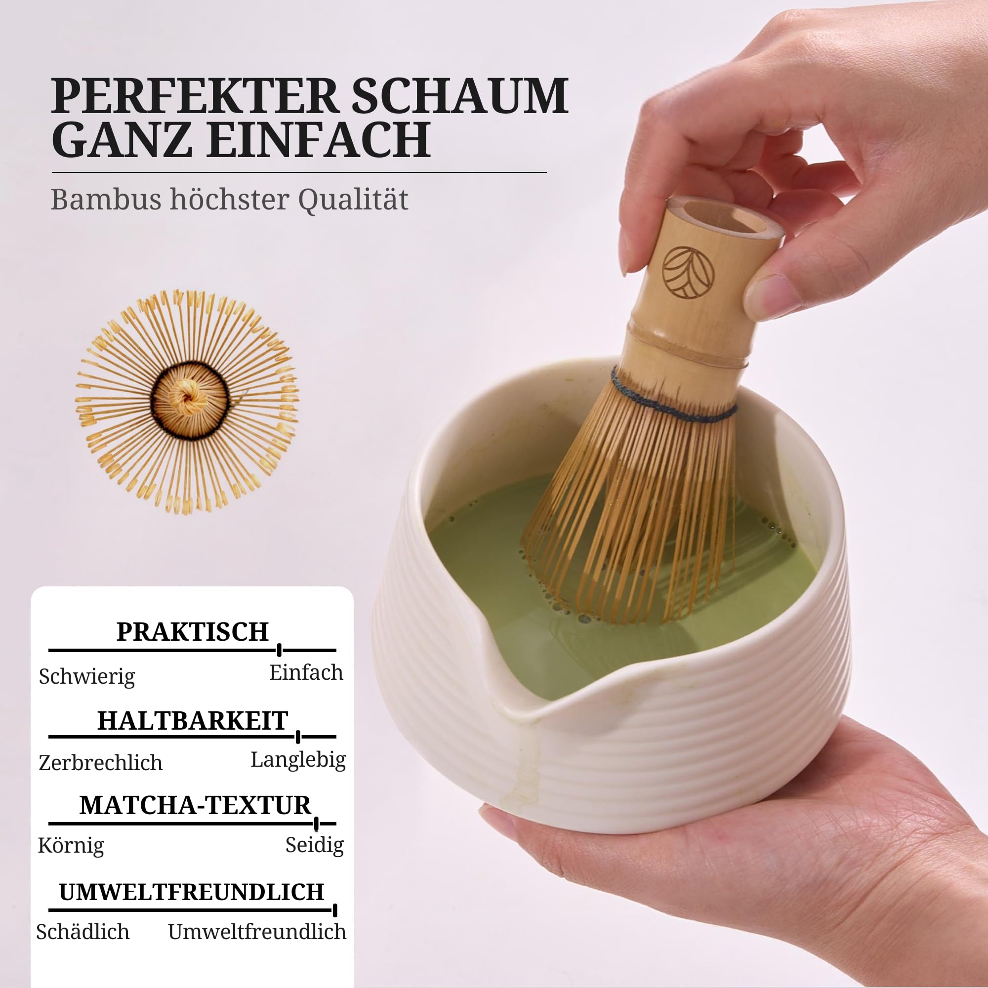 Matcha Set – Set de thé matcha traditionnel avec fouet en bambou, bol à matcha et accessoires – 4 pièces ou 8 pièces, disponible en différentes couleurs (Blanc, 8 pièces)