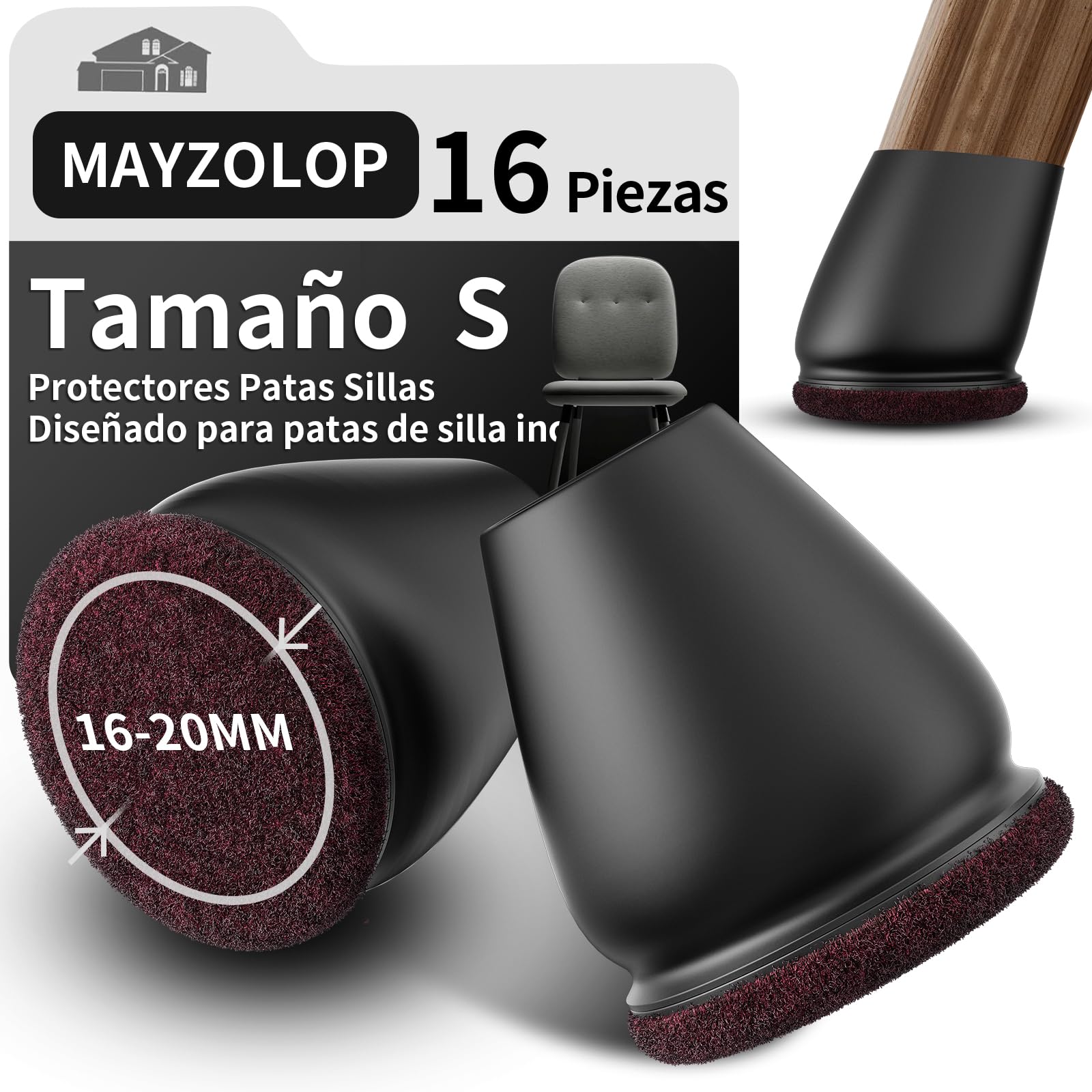 MAYZOLOP 16 Piezas Protector Patas Sillas, Negro Silicona Protectores Patas Sillas para Inclinación De Las Patas,Cubre Patas Sillas con Fieltro para Suelos De Madera Dura, No Scratches No Noise