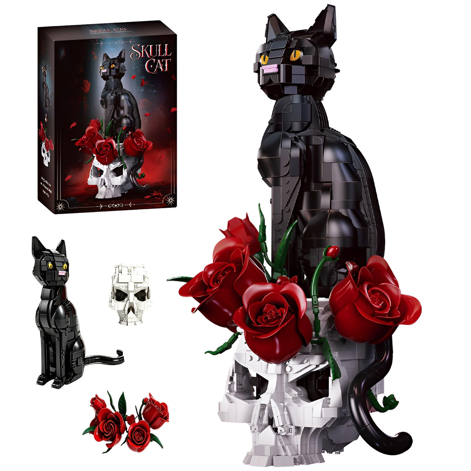 DzirePada Gothic Cat & Red Rose Skull Building Set, Flower Decor Gifts — image 1