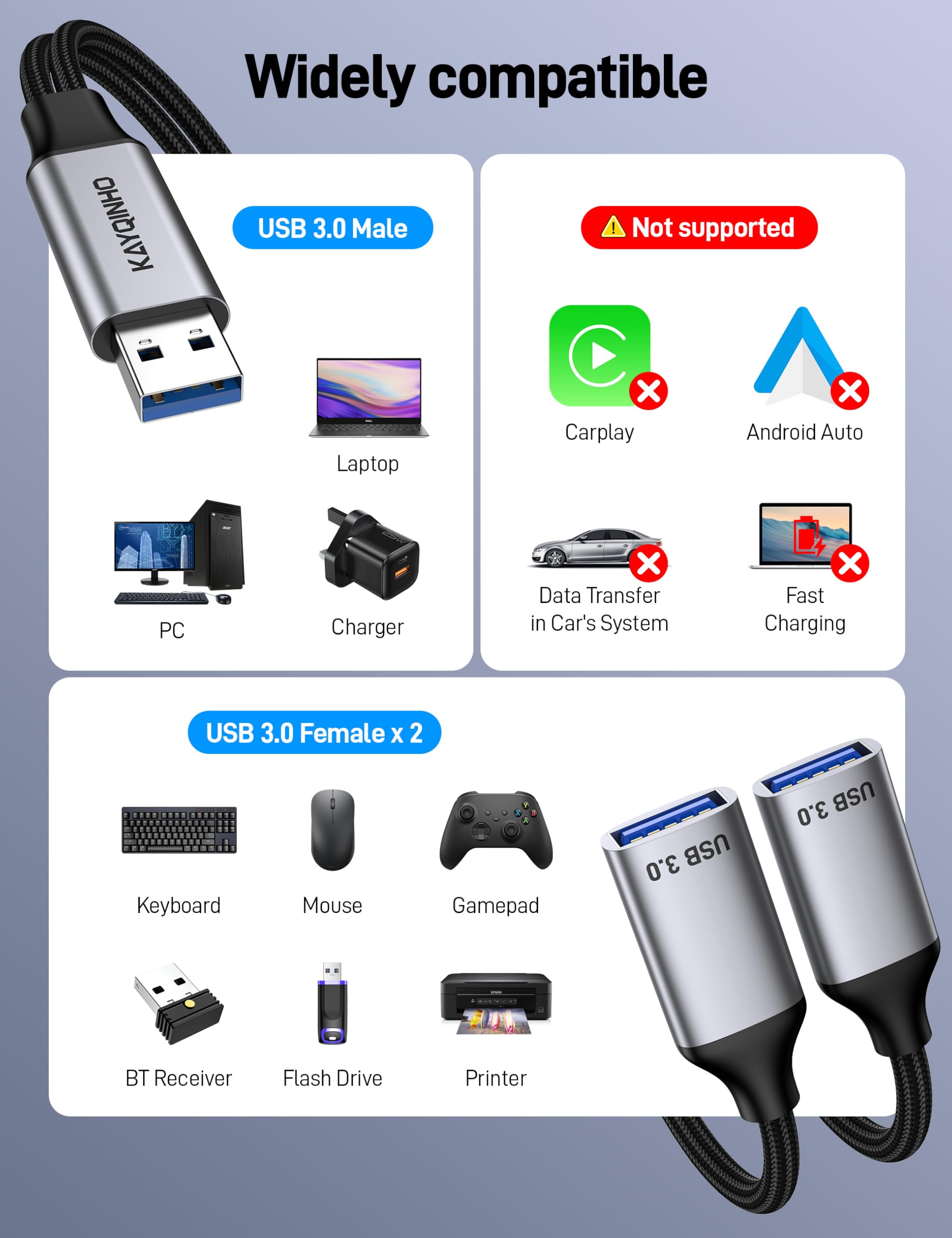 Confezione da 3 cavi splitter USB 2 in 1, hub USB 3.0 portatile per ricarica, trasferimento dati, laptop, Mac, PS4, PS5, mouse, flashdrive, LED, ecc.