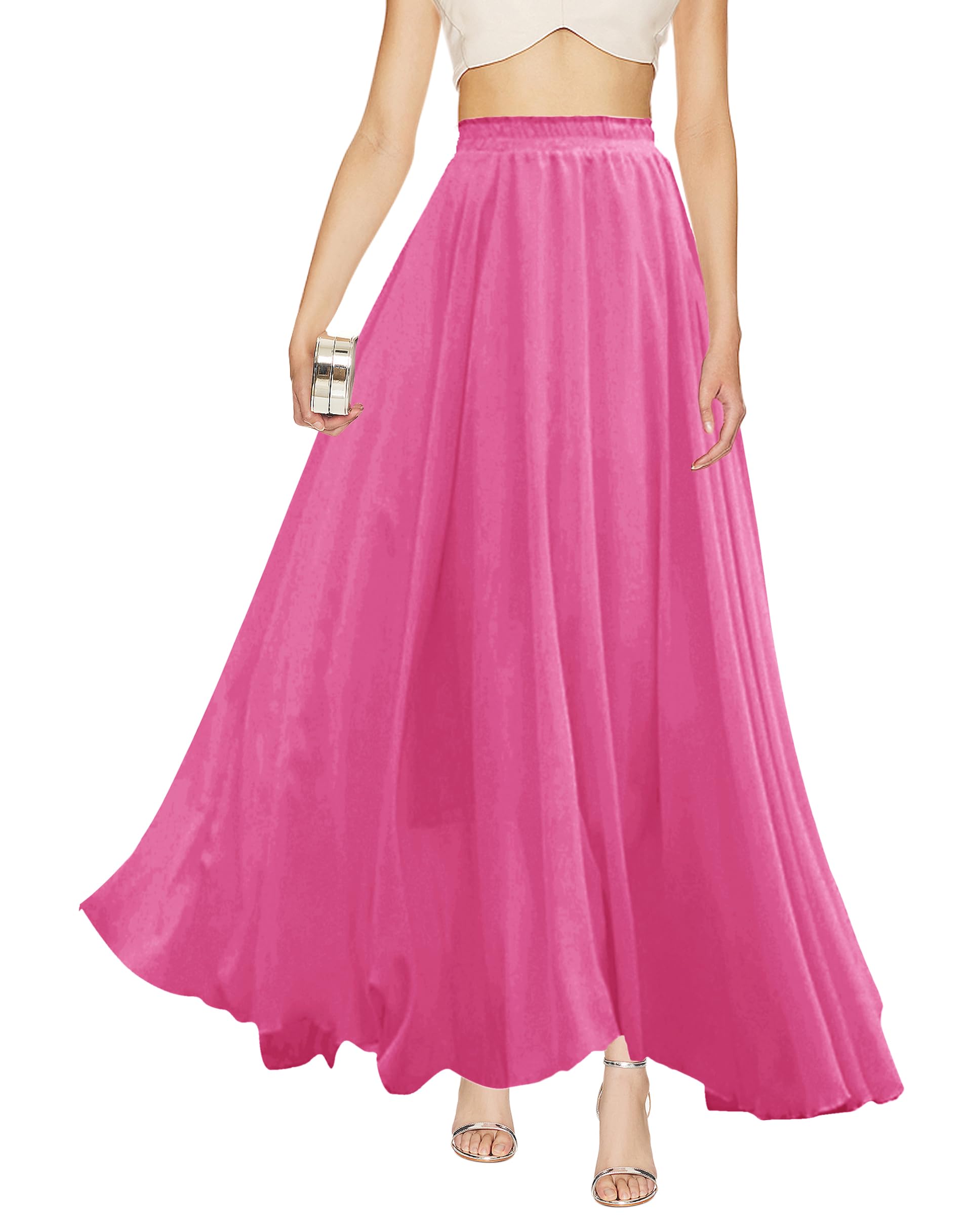 v28 Women Full/Ankle Length Elastic Pleated Retro Maxi Chiffon Long Skirt