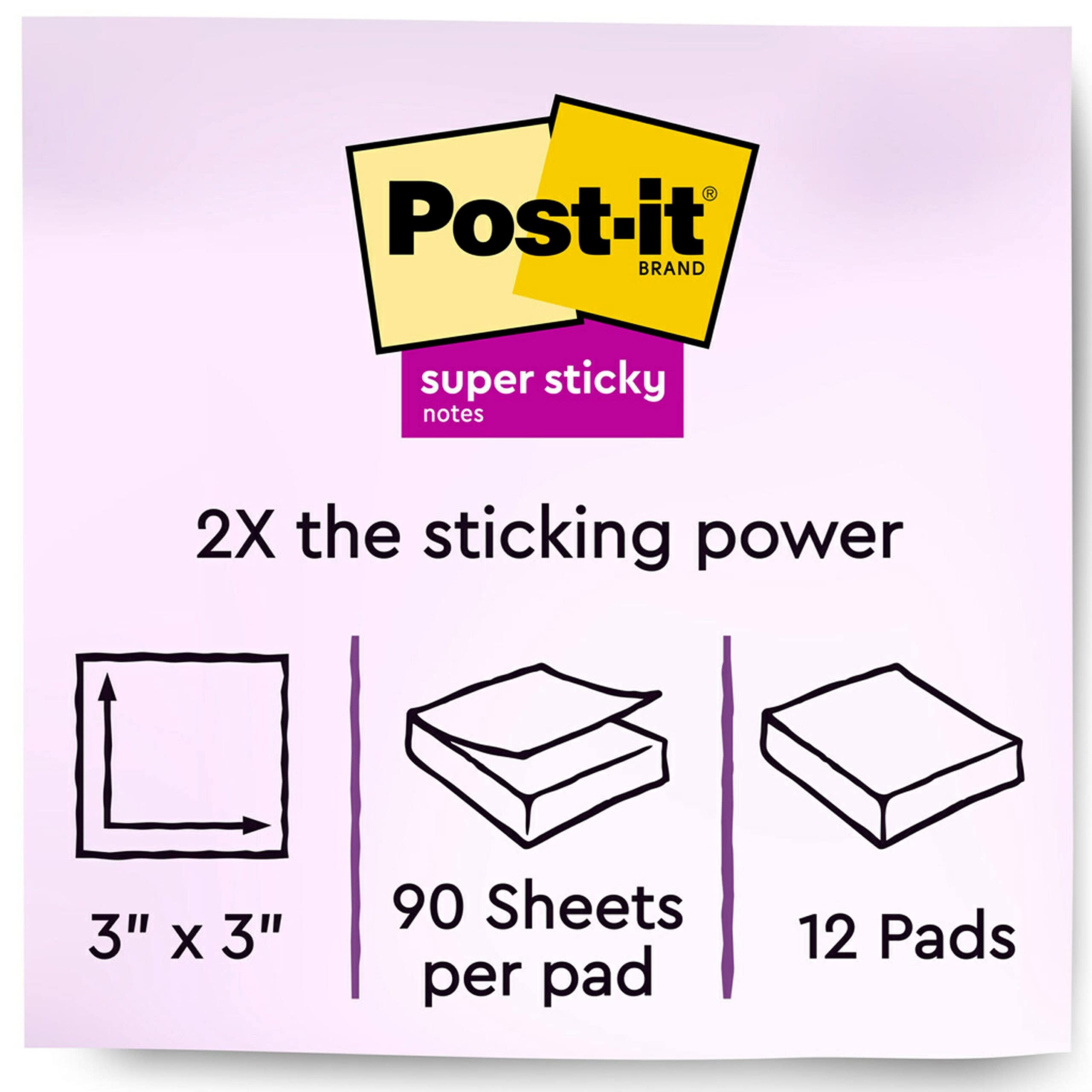 Post-it Super Sticky Notes, 3x3 in, 12 Pads, 2X The Sticking Power, Supernova Neons, Bright Colors, Recyclable (654-12SSMIA)-Case of 6