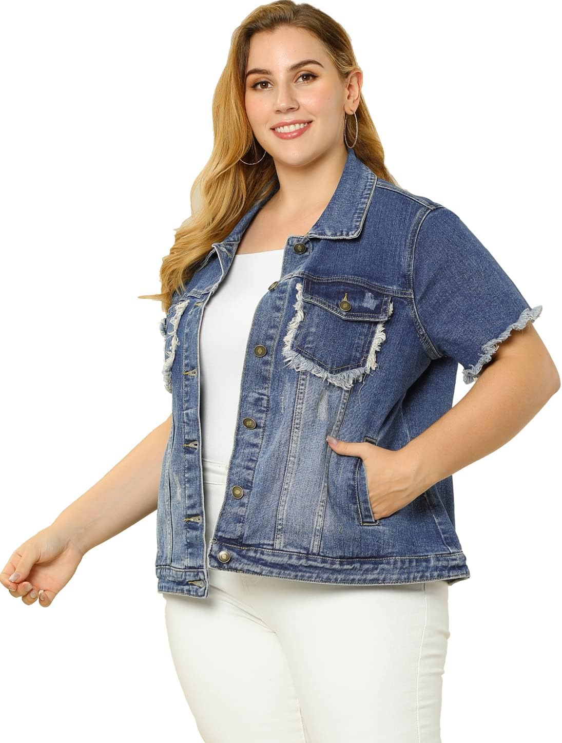 Agnes Orinda Plus Size Women's Denim Jackets Button Washed Frayed Jean Short Denim Jacket 2024 Summer