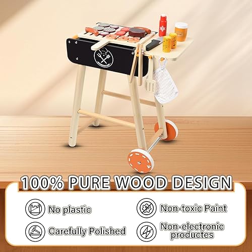 Miniatura 4 de MerryPony Parrilla de juguete de barbacoa de madera, juego de parrilla de barbacoa para niños con comida de juego y herramientas de parrilla, juegos