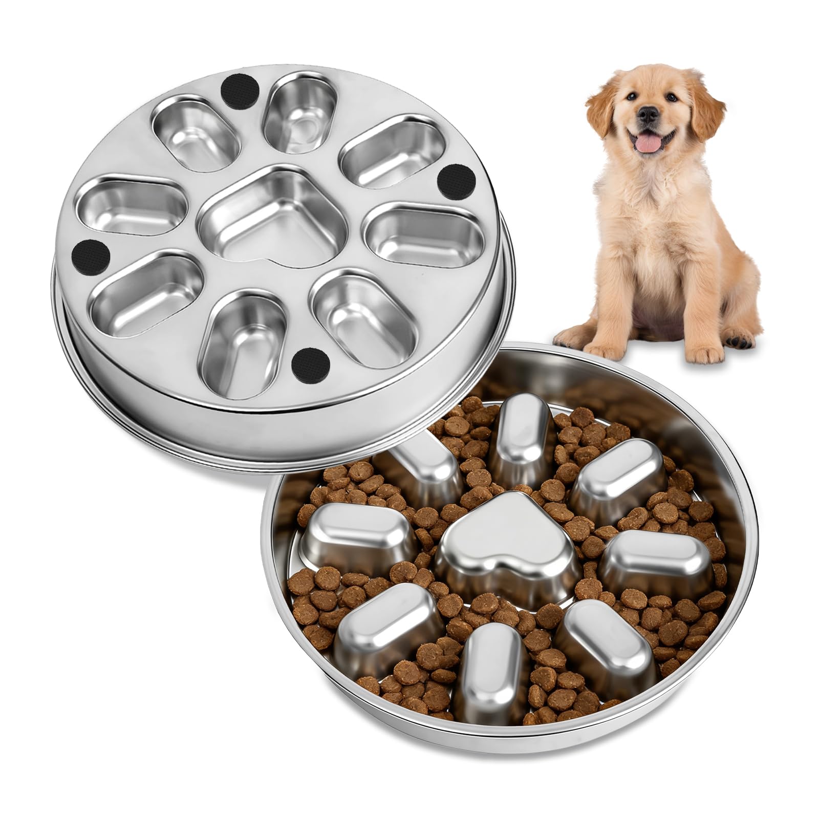Stainless Steel Slow Feeder Dog Bowl - 4 Cups Metal Pet Food Bowl with Non Slip Base,Dishwasher Safe,Slows Down Eating,Help with Digestion Wet and Dry Kibble for Pupy/Small Medium Large Dogs/Cat