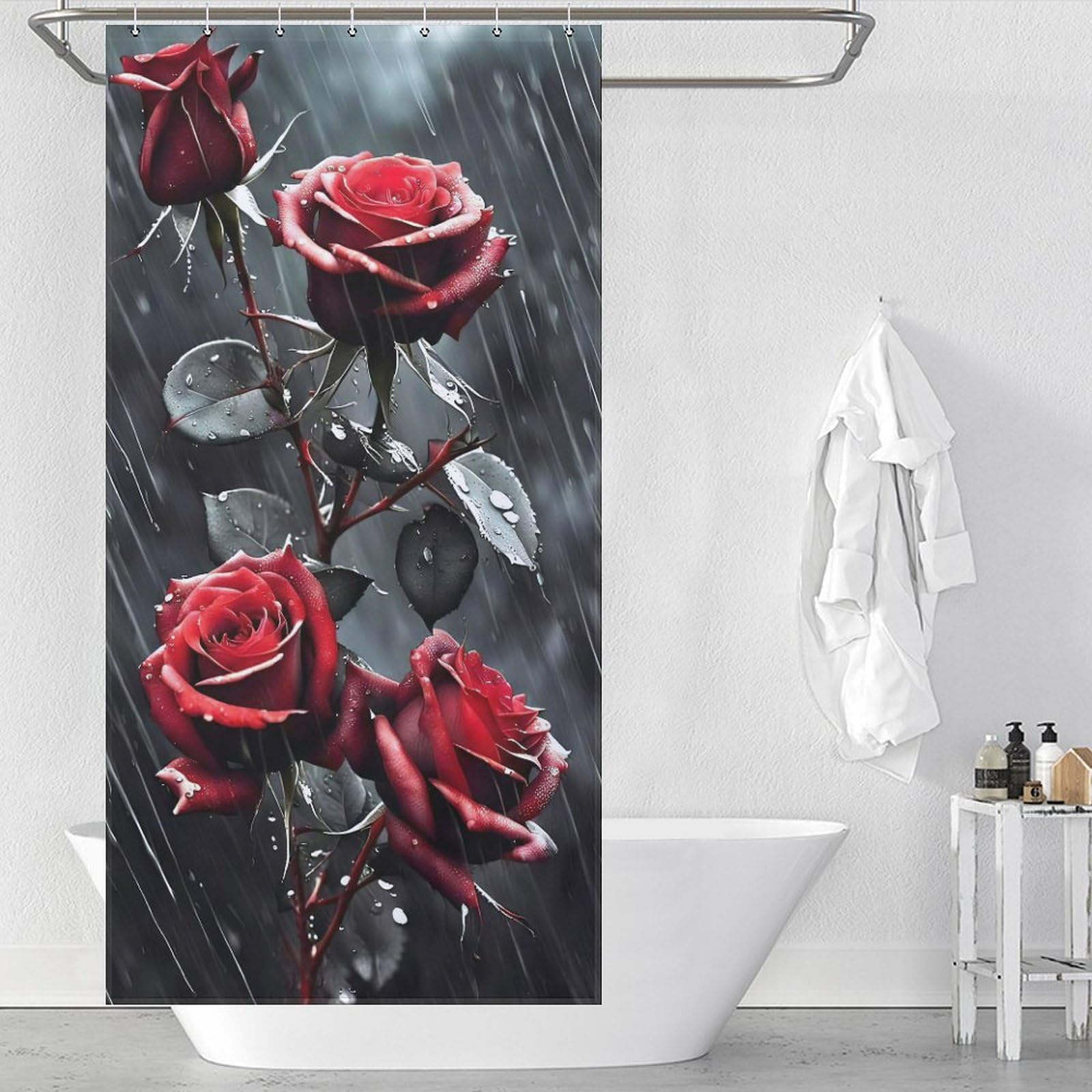 Rose Shower Curtain Print Waterproof Bathing Curtain Durable Polyester Bathroom Decoration Accessories Comes with 12pcs Shower Curtain Rings 36x72Inch（92x183cm）