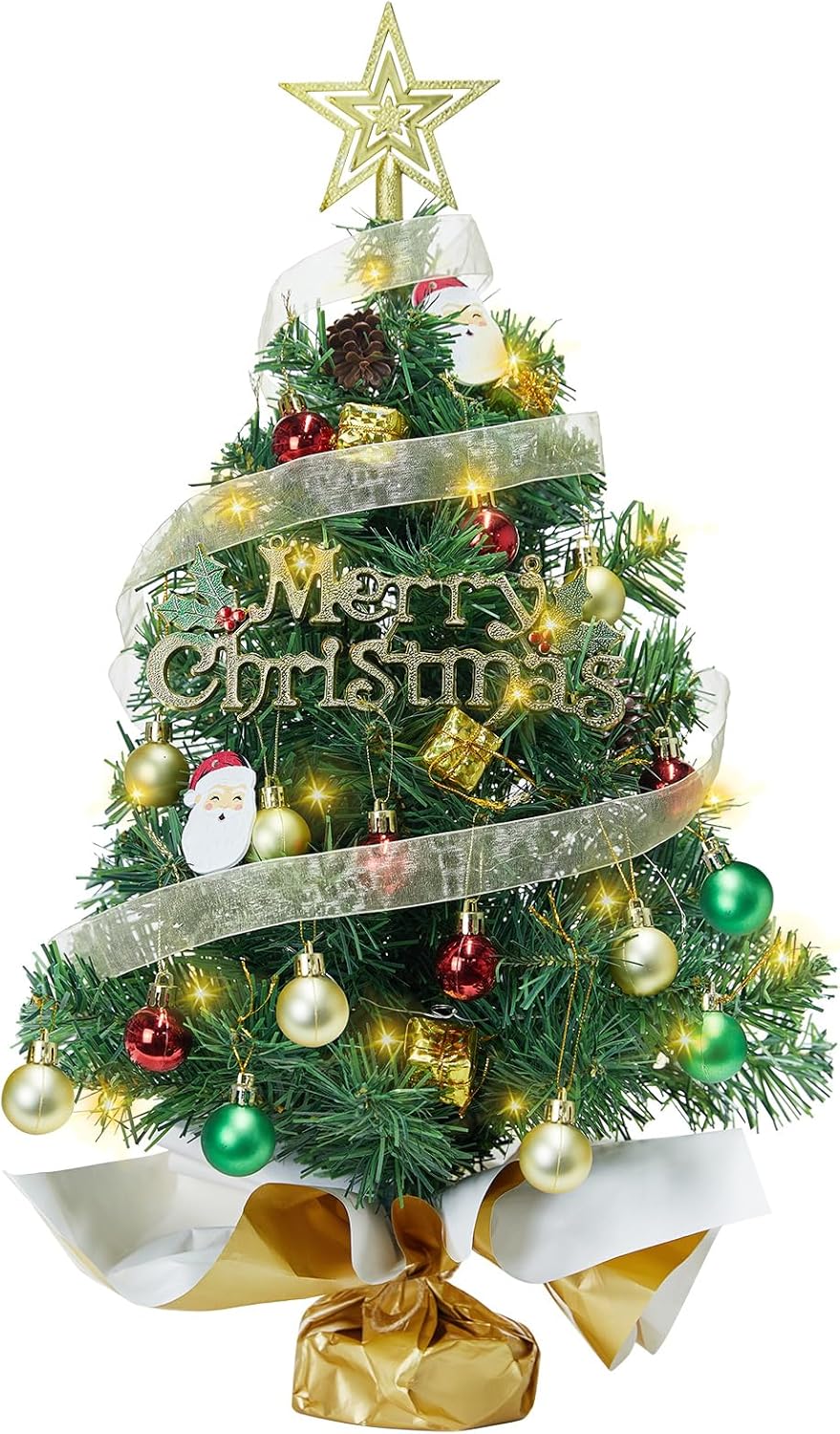 Small Mini Table top Christmas Tree with 50 LED Lights 24 Inch /2FT Little Prelit Christmas Tree Decorated Gift Boxes and Hanging Ornaments for DIY Christmas Decoration Green