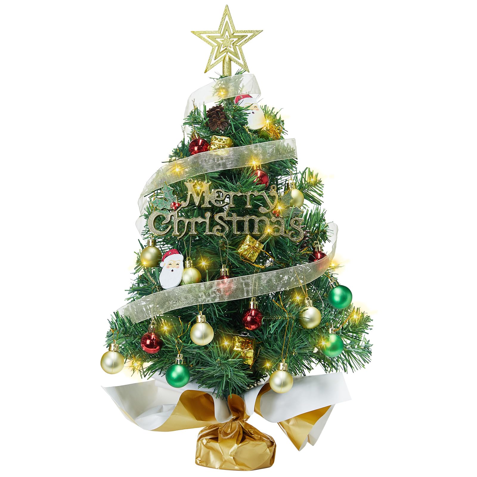 Small Mini Christmas Tree with 50 LED Lights 24 Inch /2FT Tabletop Prelit Artificial Christmas Tree Decorated Gift Boxes and Hanging Ornaments for DIY Christmas Decoration（Battery Powered）