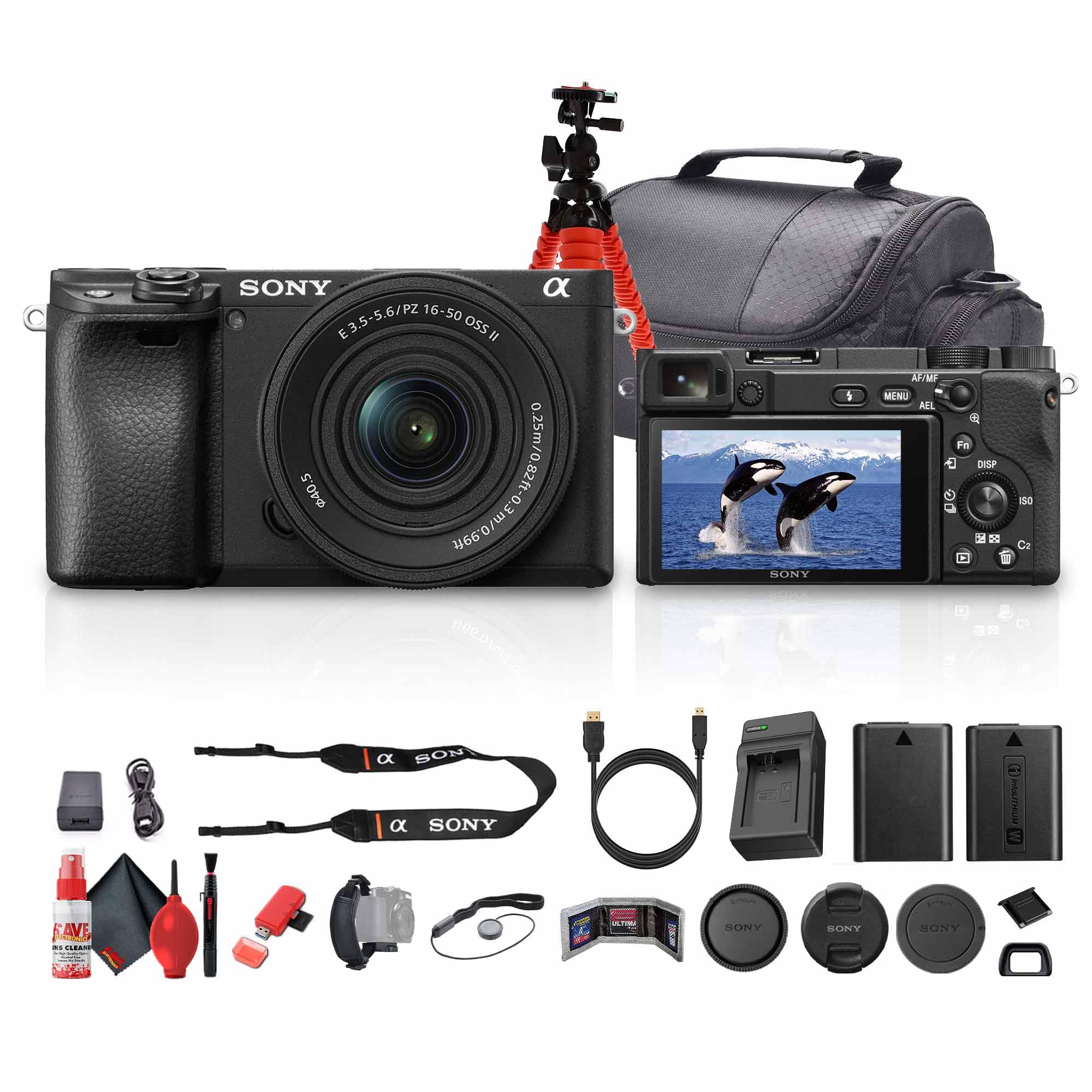 Sony a6400 Mirrorless Camera with 16-50mm f/3.5-5.6 II Lens (Black) (ILCE6400KB) + 64GB Memory Card + NP-FW50 + Camera Bag + Charger + Flexible Tripod