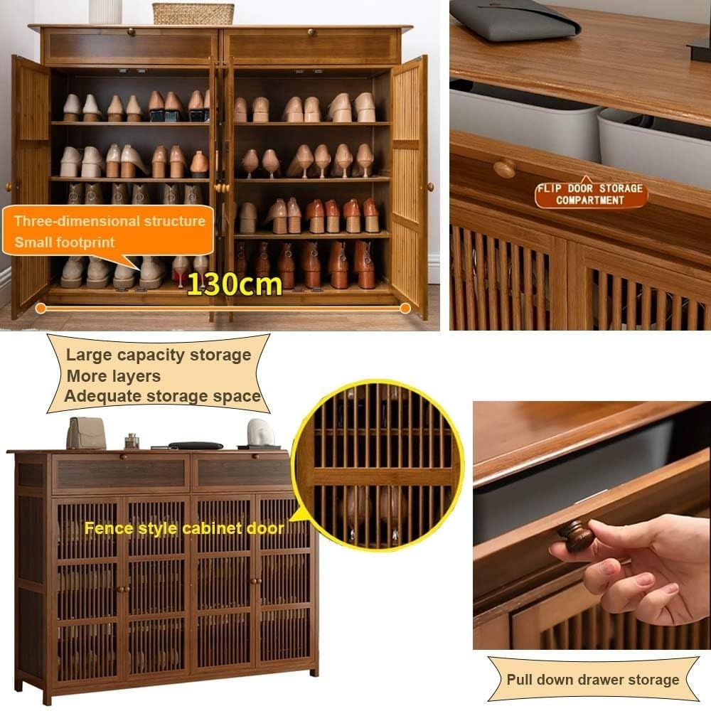 Zapatero Grande 35cm de Fondo para Zapatos Talla Grande, Mueble de Bambú con Cajón Oculto y Estantes Ajustables, Armario Recibidor para Botas, Puertas de Rejilla, 130x35x100cm