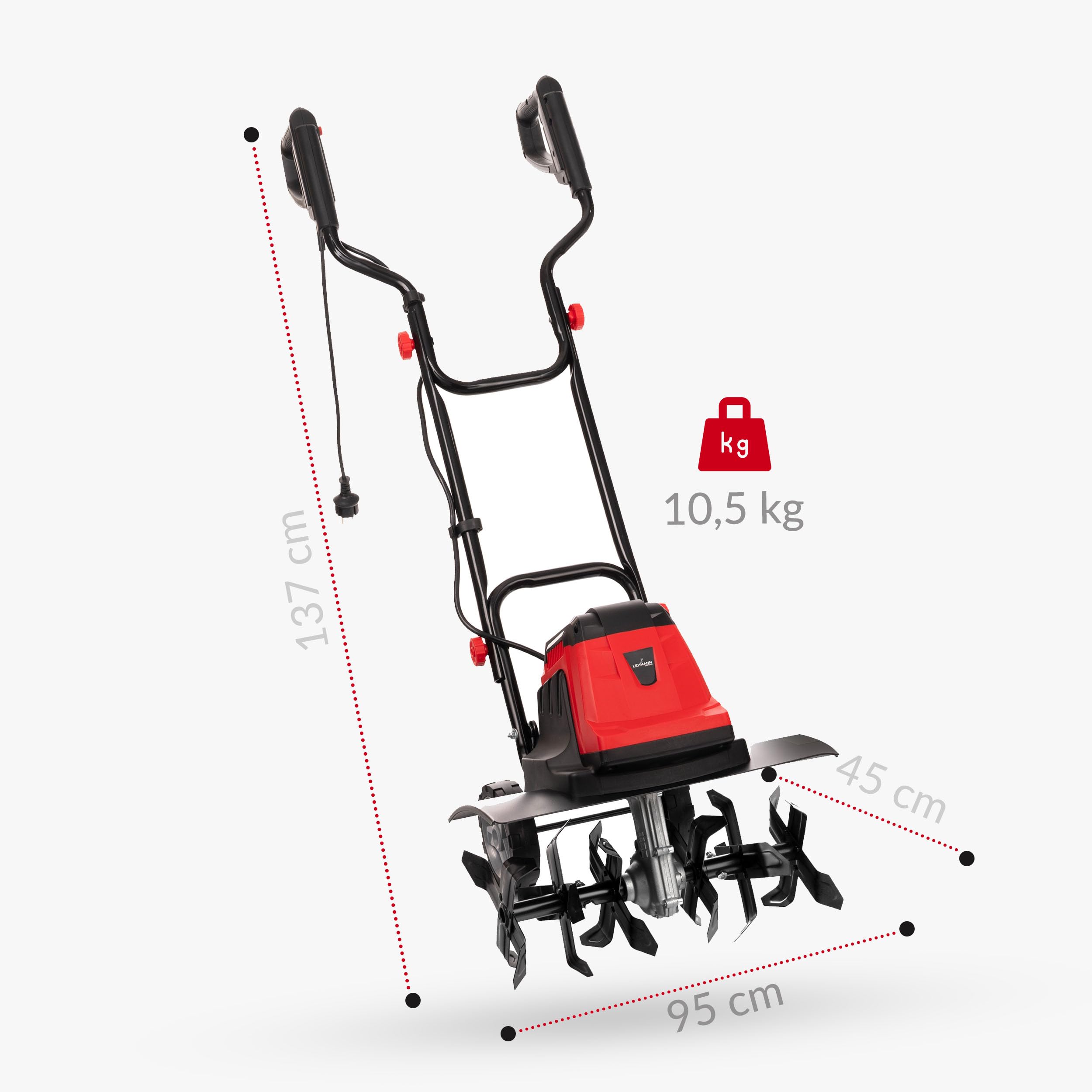 LEHMANN Motozappa Elettrica, 1800 W, Elettrozappa con Larghezza di lavoro 45 cm e Profondità 22 cm, 24 Lame, Ruote di Trasporto, Manico Pieghevole, Zappatrice per Orto e Giardino, Rosso/Nero