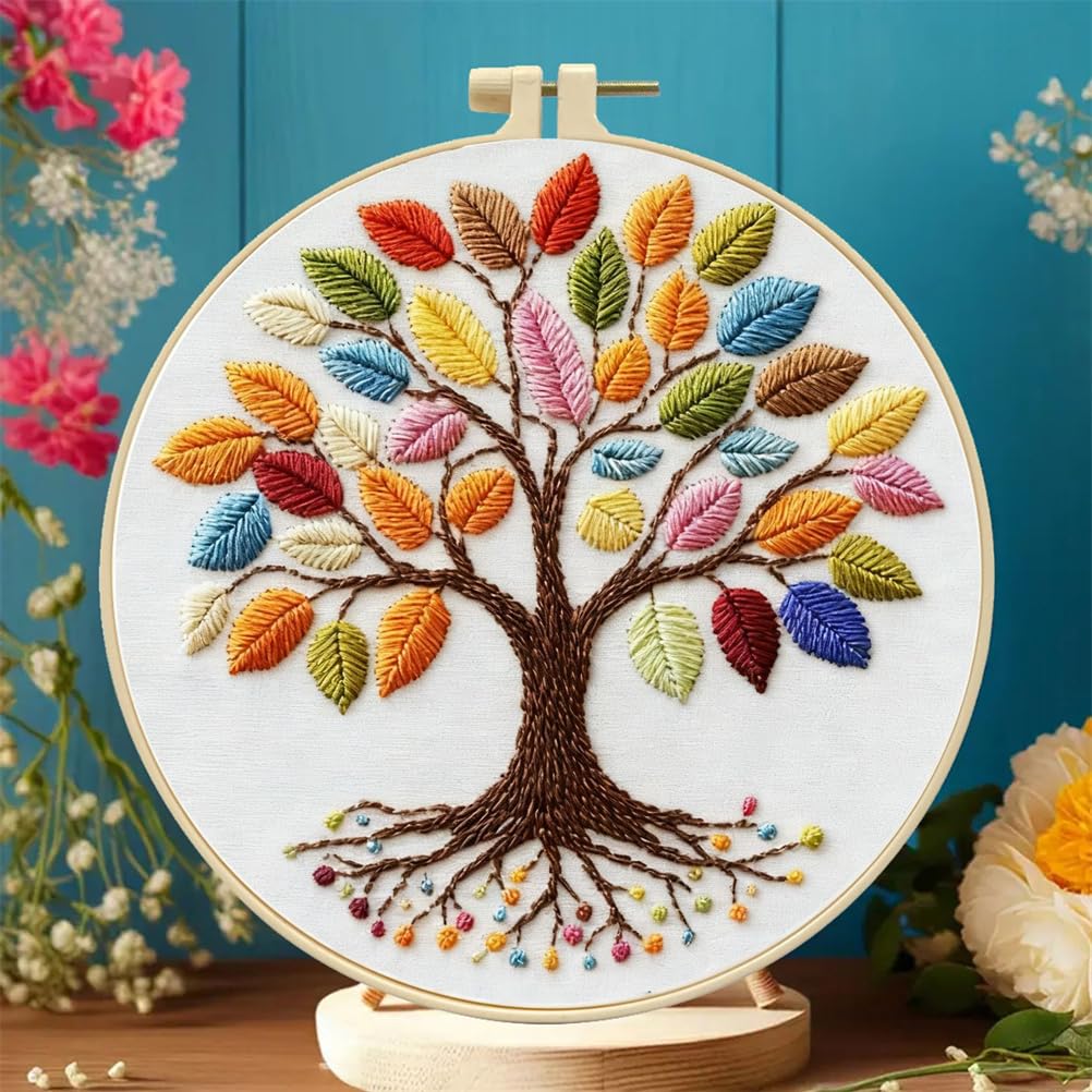 Meecaa Embroidery Kit Starter Set, Tree of Life Hand Embroidery Set, Pattern Printed Cross Stitch Set for Beginner Adults, with Embroidery Hoop and Instructions (Tree)