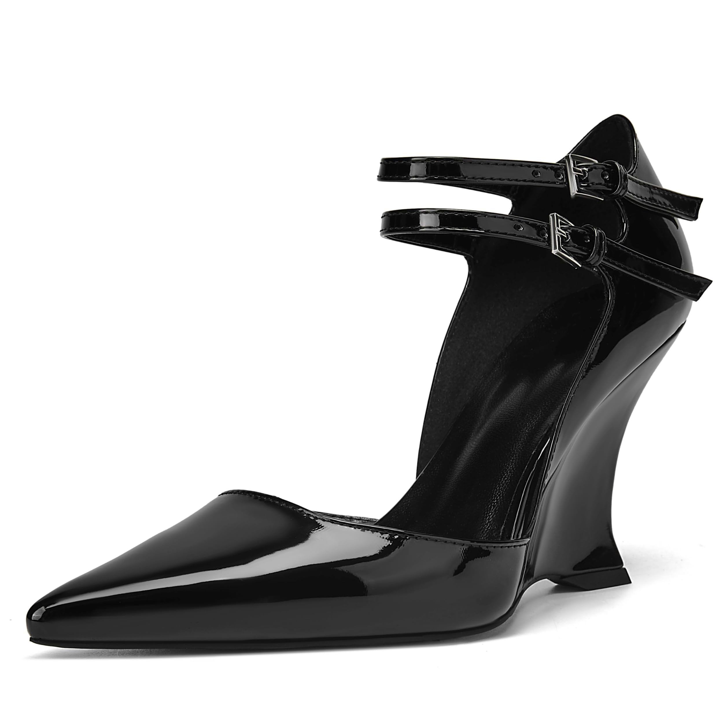 Patent Leather Ankle Strap Pumps Closed Pointed Toe Wedge High Heels  Sandals for Women,Women's Buckle Strap Double Button Strap Wedge Heels Pumps