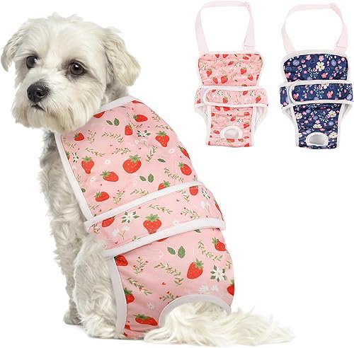 ASENKU Paquete de 2 pañales para perras hembras, con tirantes para perras, pañales reutilizables para perras pequeñas, pañales lavables para perras