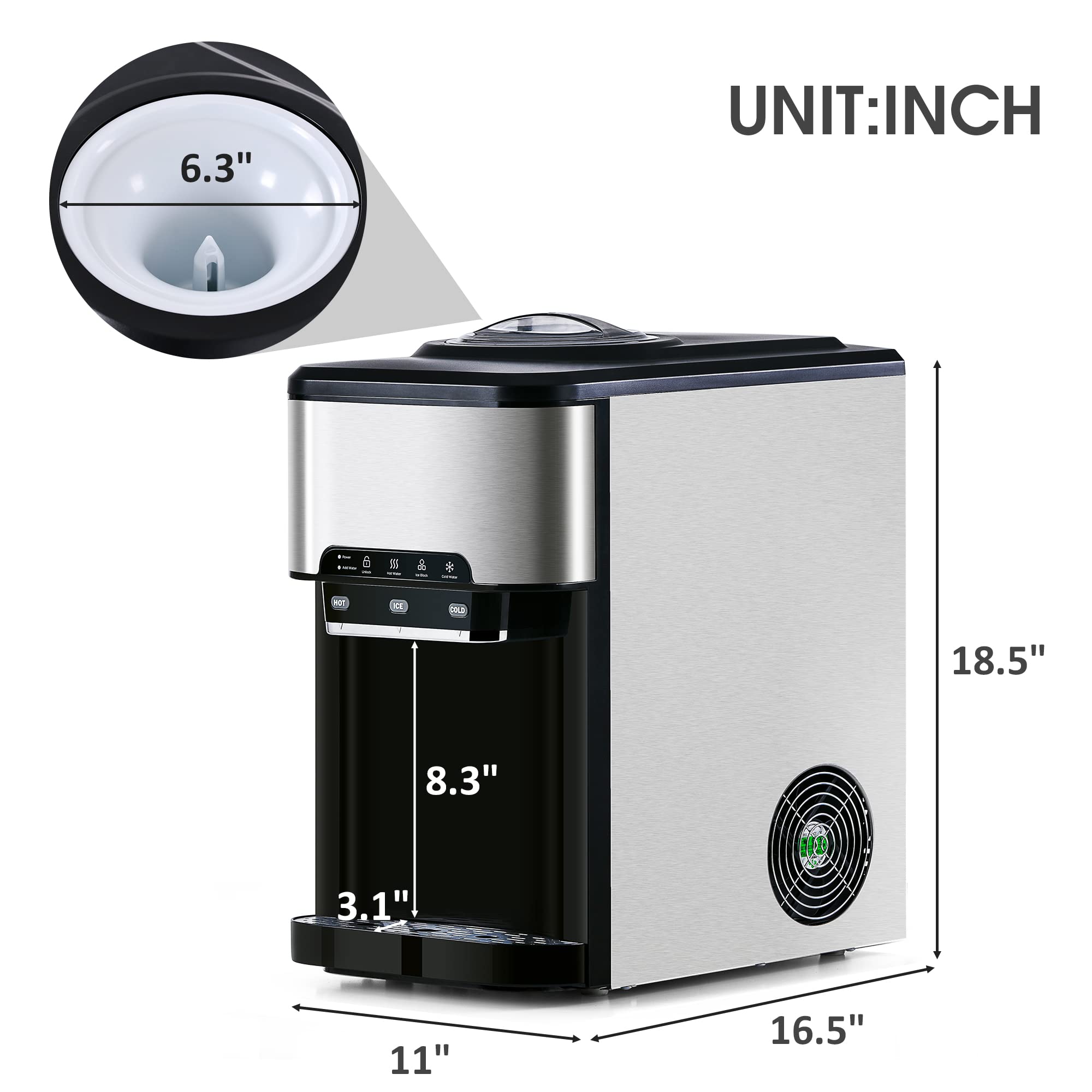 Mnssrn Automatic Dispense Countertop Ice Maker, Portable Water Cooler, Quick 6 Minutes Makes Ice, Hot Cold Water And Ice, Top Loading Or Bottleless on Fridge.com - View 6