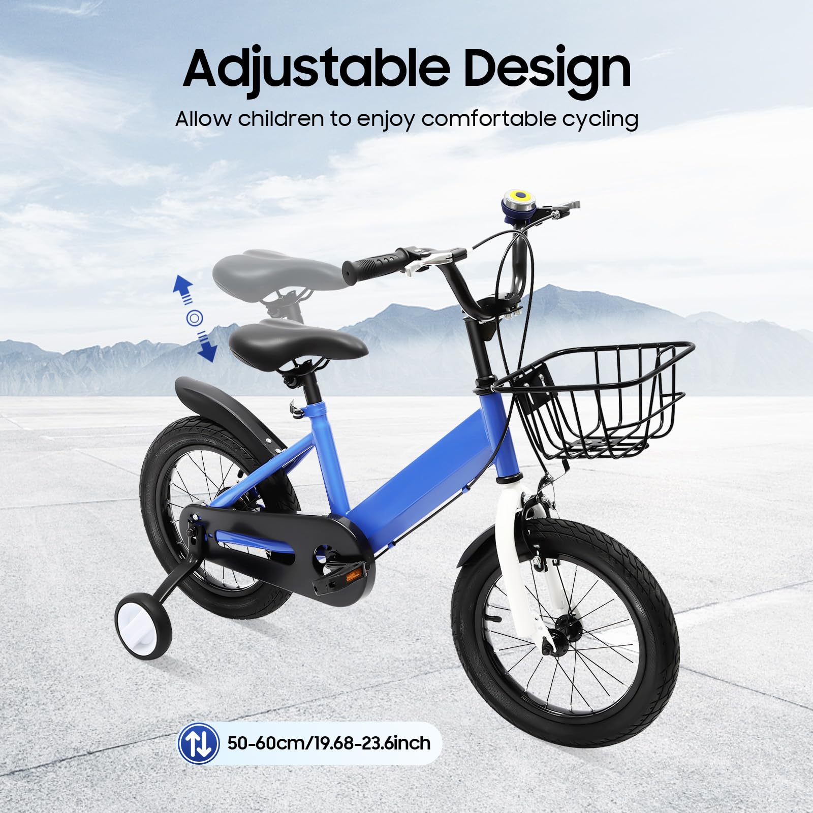 Vélo enfant 14 pouces pour garçons et filles à partir de 3 à 7 ans, vélo amélioré avec roues stabilisatrices et panier, hauteur réglable, pour garçons et filles, bleu