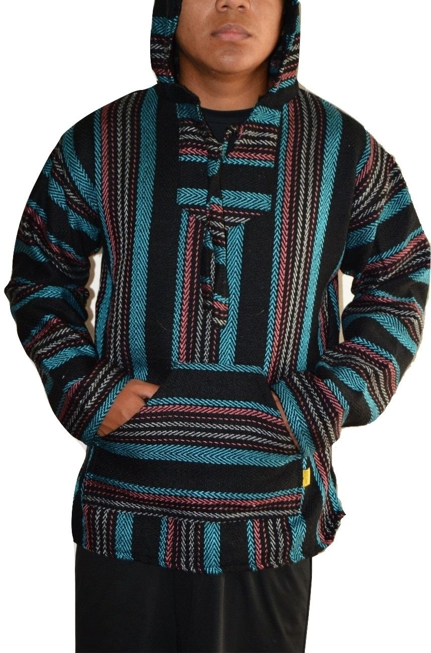 Buy Mexican Baja Hoodie Pullover Jerga Drug Rug Sweater Black Teal
