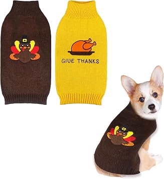 GOYOSWA 2 Pack Dog Thanksgiving Sweater, Knitted Thanksgiving Fall Holiday Dog Sweaters Outfit Clothes for Small Medium Large Dogs Pets Dark Brown & Yellow, Small