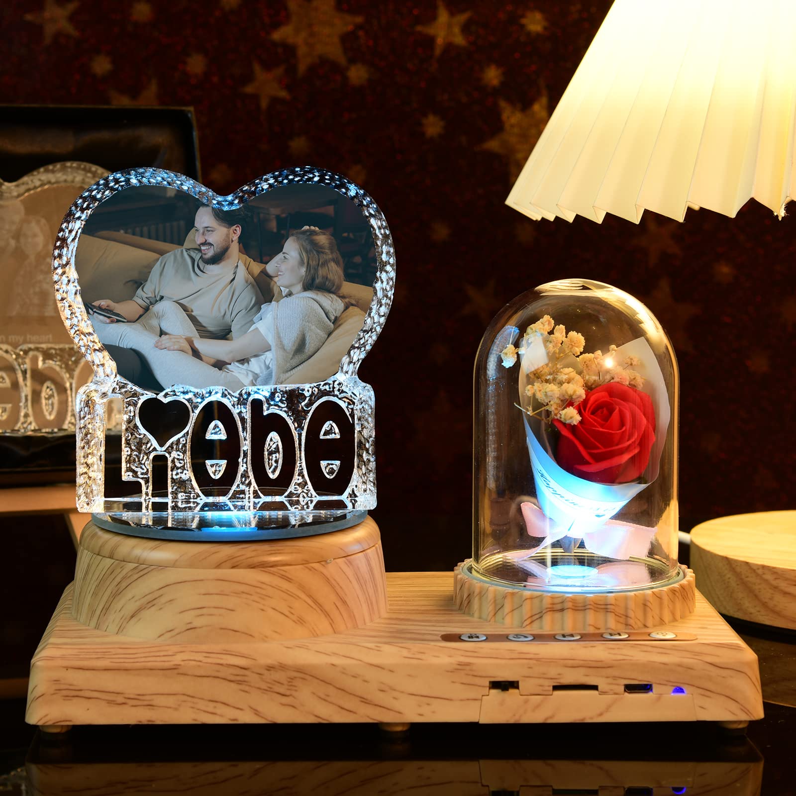SHKINETARRY Personalized Photo Night Light Led Lamp 7 Color Music Base Gifts for Women Men, Custom Crystal Photo Frame, Wedding Gifts, Photo on Glass Custom with Gift Box Romantic Led Love Lights