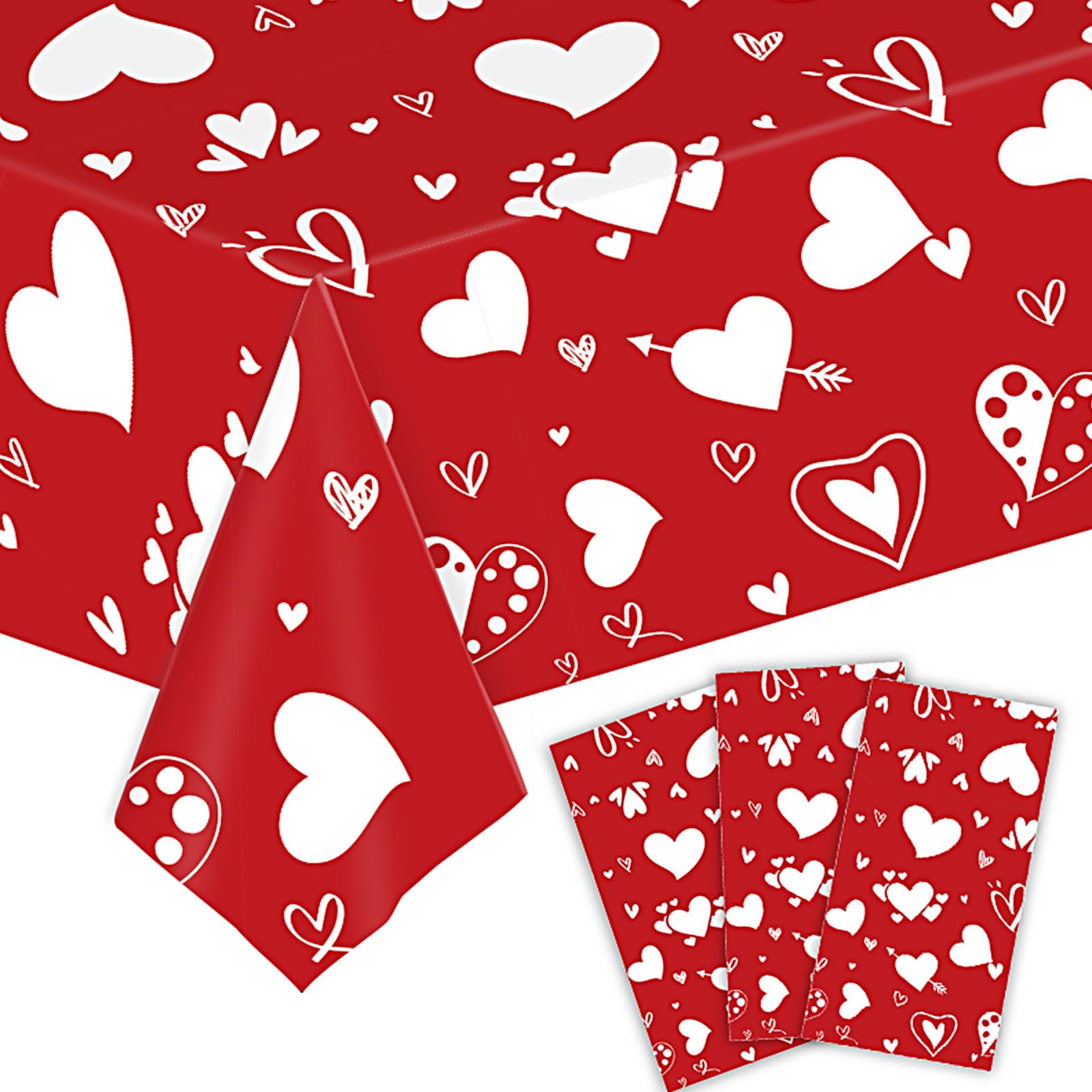3 Pieces Valentine's Day Tablecloths, Disposable Plastic Rectangular Red Love Heart Table Cover, Waterproof Plastic Table Cover for Valentine's Wedding Dinner Party Decorations